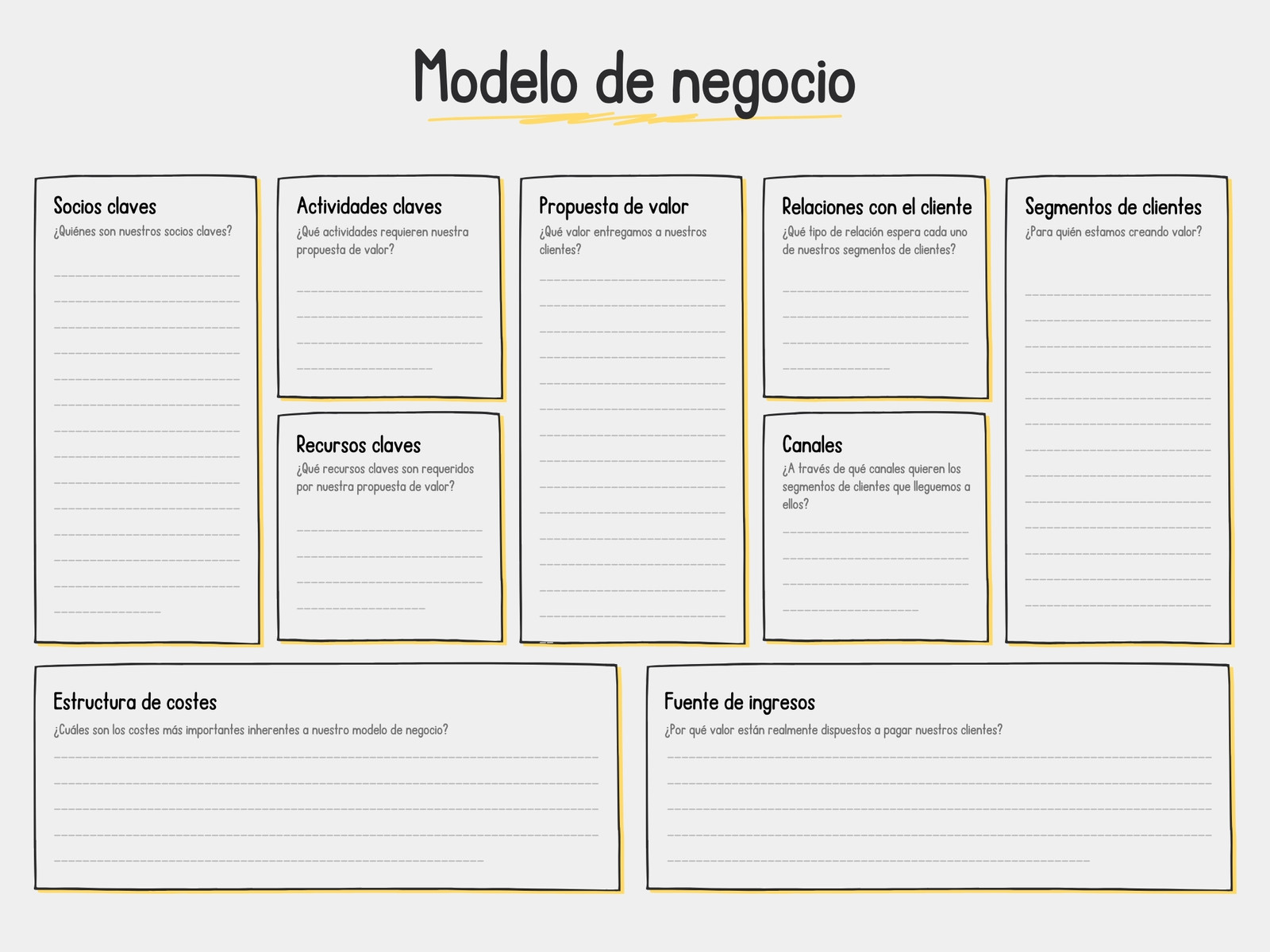 Gráfico Tabla Canvas de Modelo de Negocio Estrategias Emprendimiento Sencilla A Mano Amarillo y Negro