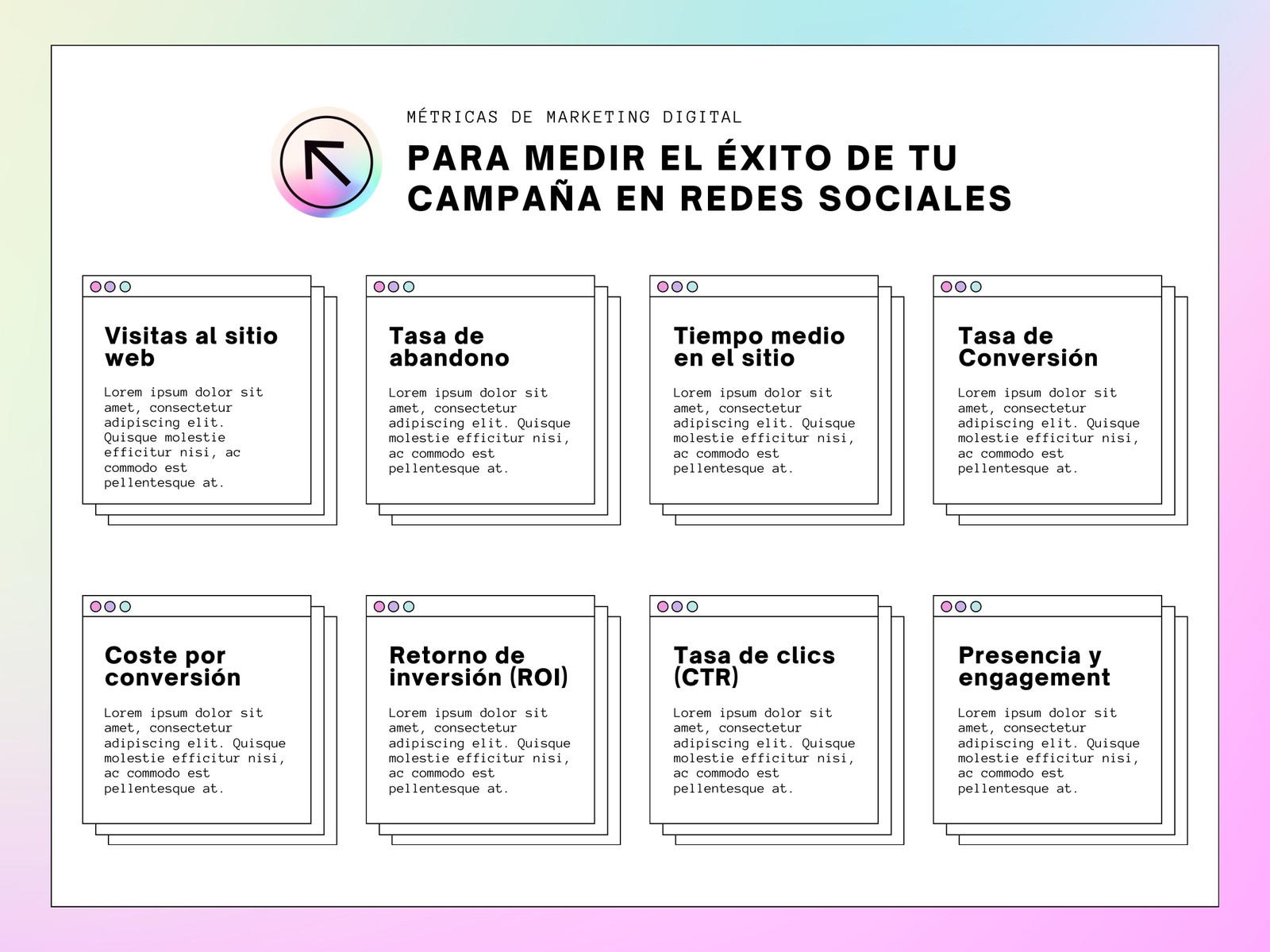 Gráfico para Marketing sobre Métricas Creativo Azul Amarillo Lila Negro