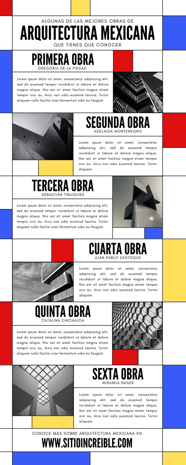 Infografía arquitectura mexicana con fotos geométrico colores primarios amarillo