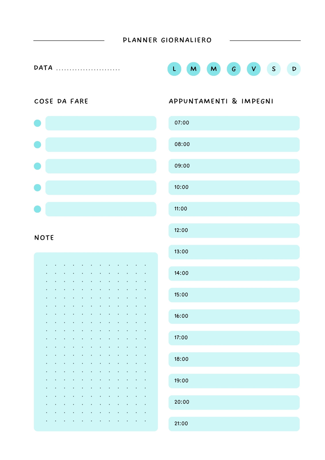 Planner Giornaliero Appuntamenti Impegni Lavoro Organizzazione Appunti Semplice Bianco Azzurro