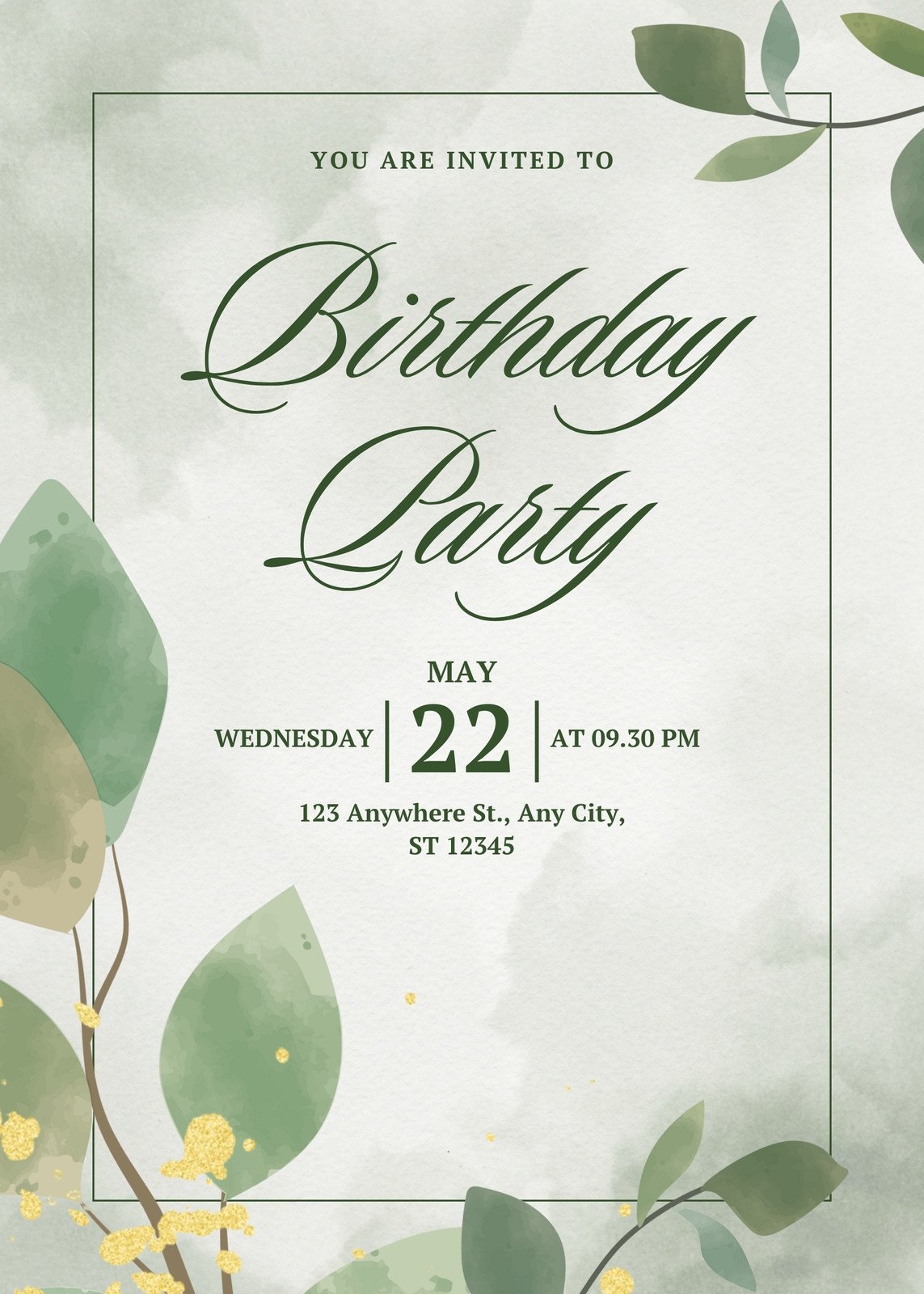 Green Watercolor Birthday Party Flyer