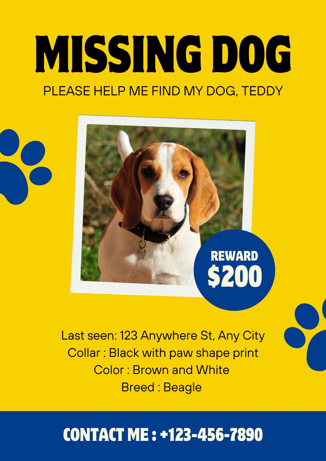 Yellow and Blue Bold Minimalist Photo Missing Pet Flyer