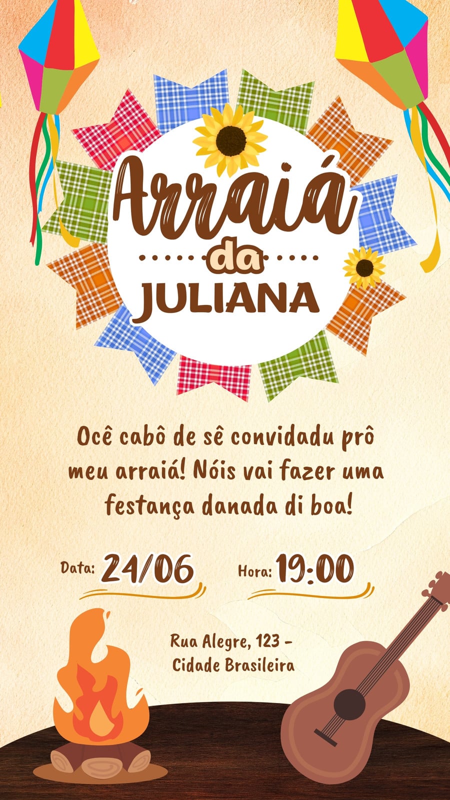 Convite de festa junina moderno bege marrom story