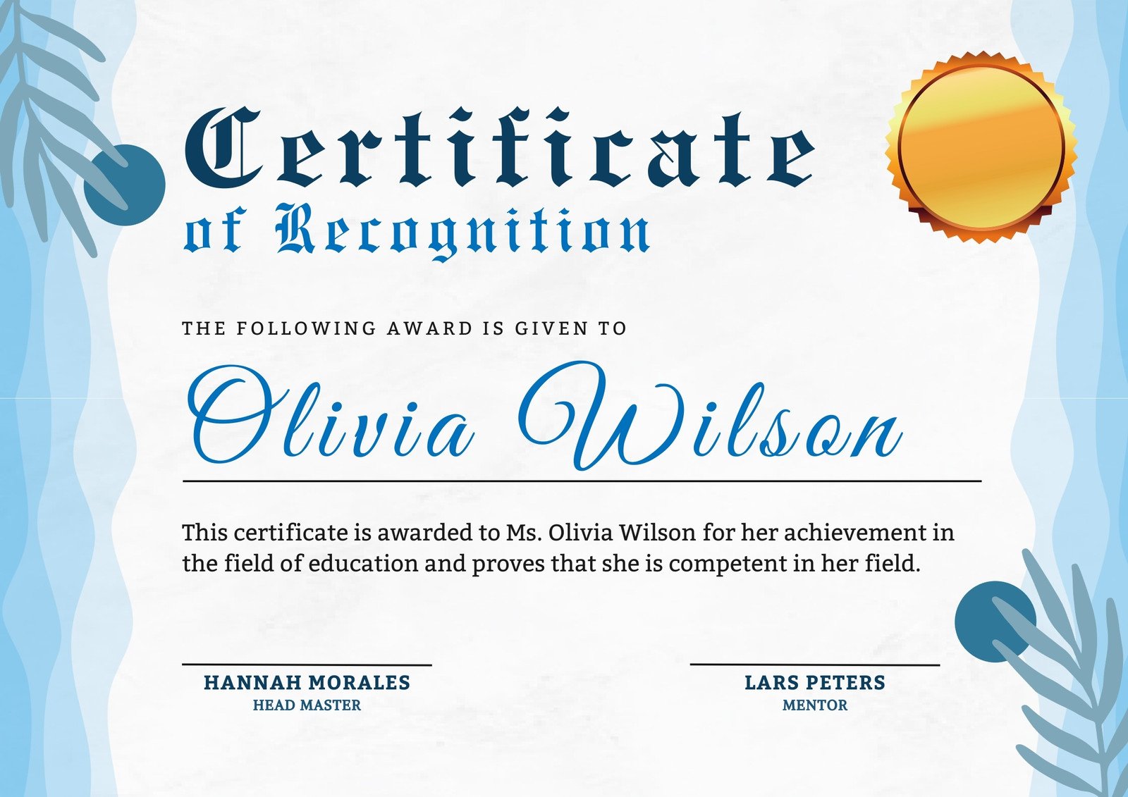 Blue and White Organic Modern Certificate of Recognition