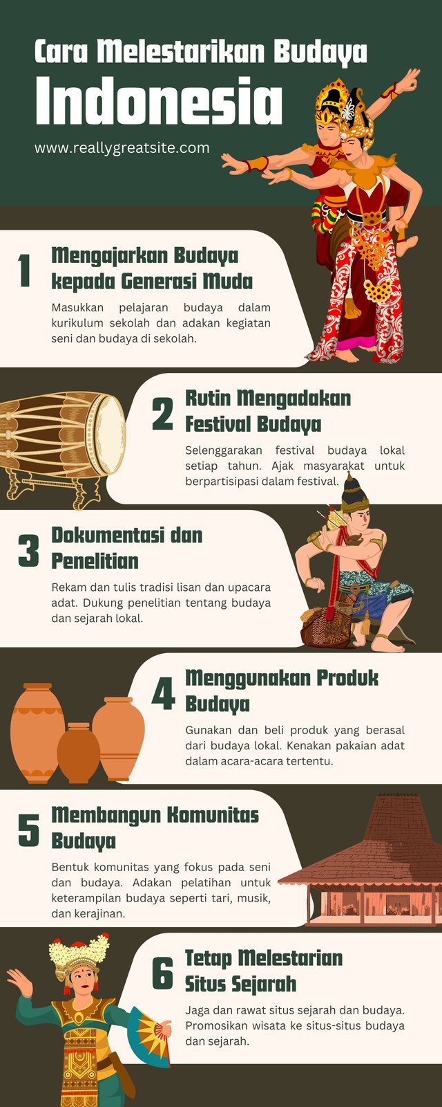 Infografis Cara Melestarikan Budaya Indonesia Ilustrasi Hijau Kelam