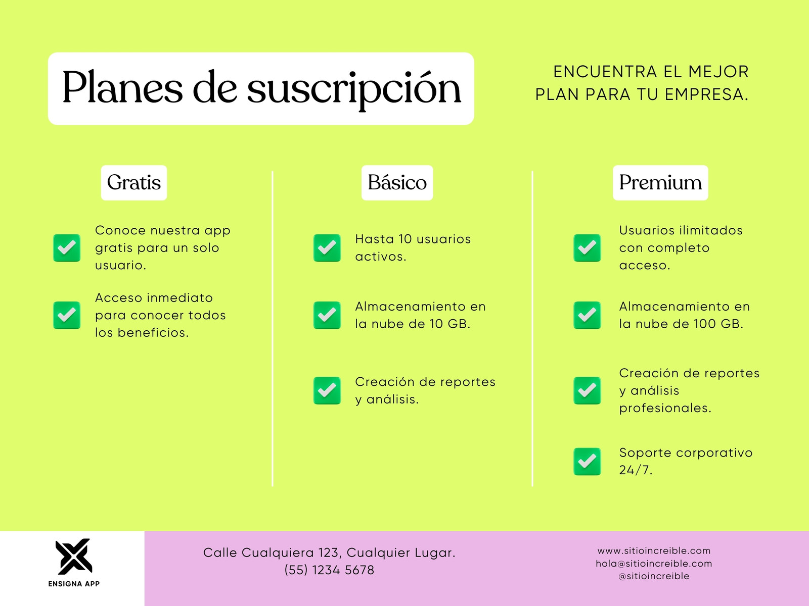 Gráfico Tabla Planes de Suscripción Corporativo Verde Neón