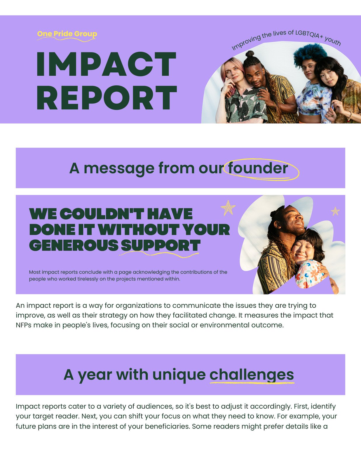 Charity Report in Lilac Dark Green Yellow Style