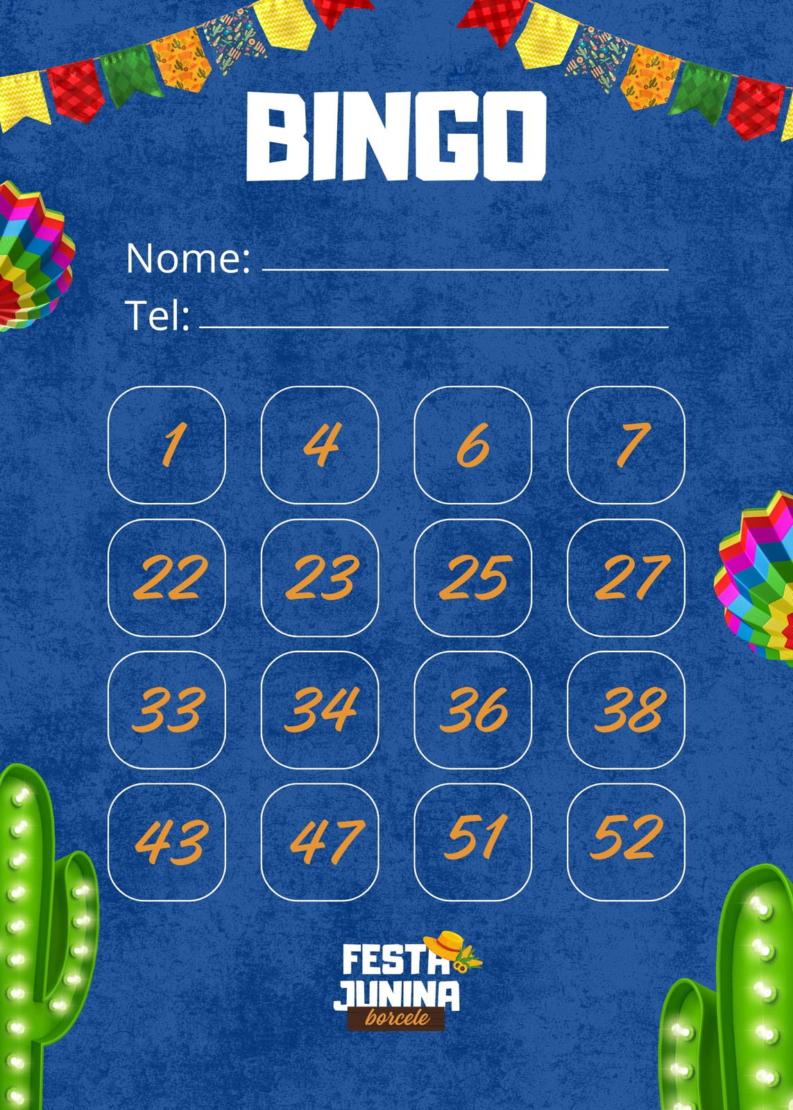 Cartela de bingo - Festa junina