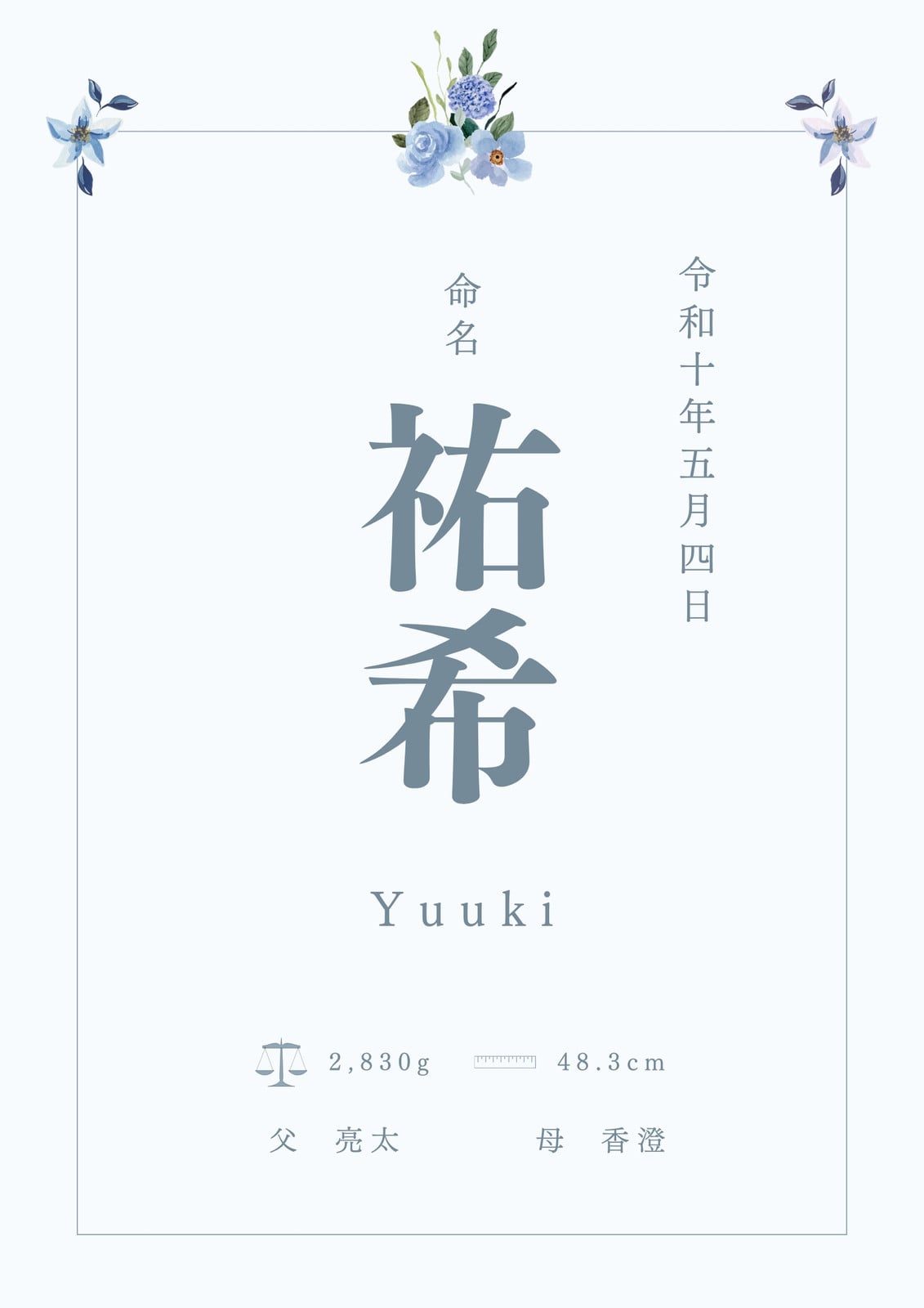 ブルー シンプル 水彩 花 線 命名書 A4縦