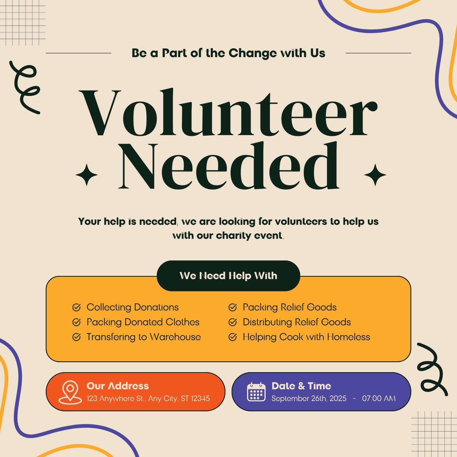 Beige Yellow Cute Illustrative Volunteer Needed Instagram Post