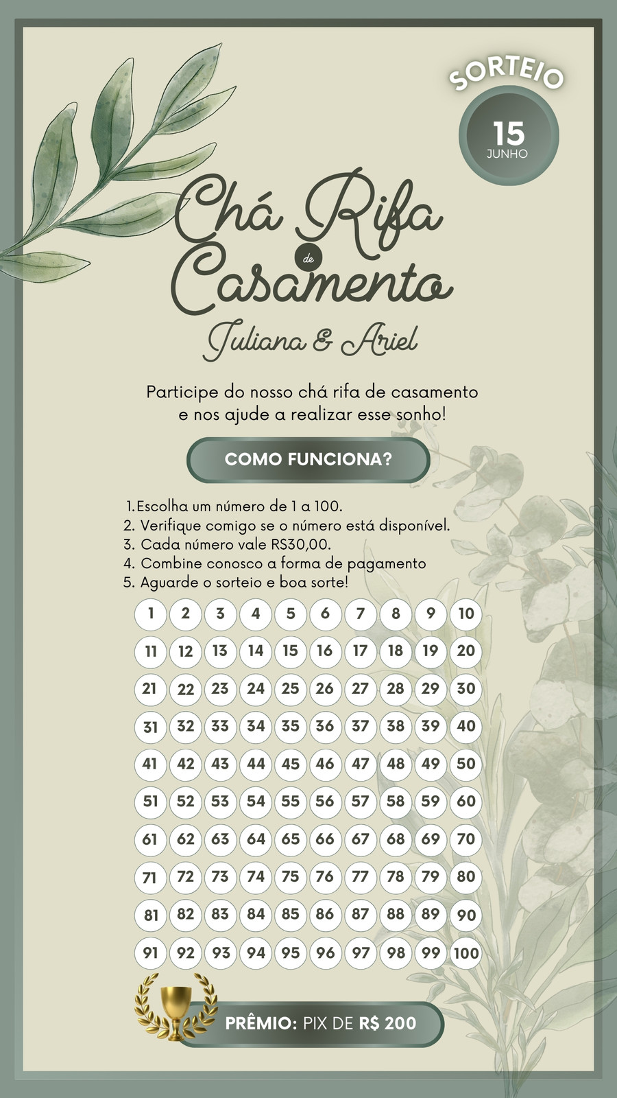 Chá Rifa de casamento verde oliva floral Story de Instagram