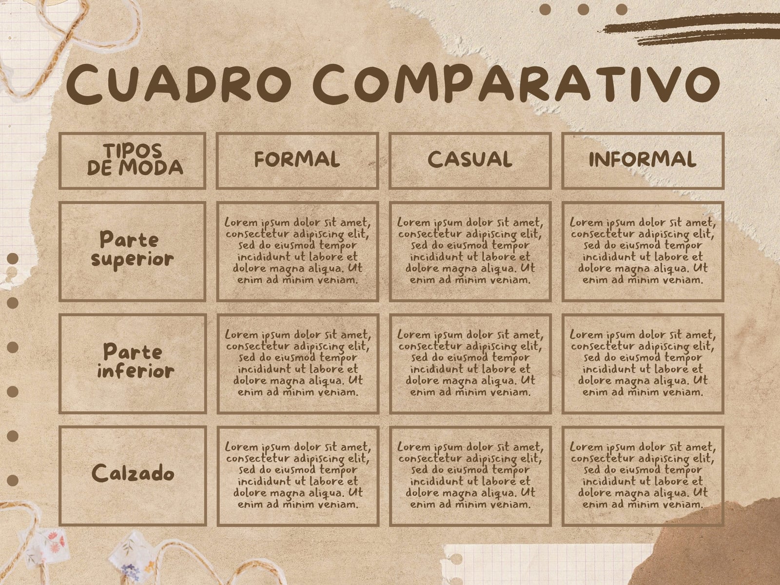 Grafica cuadro comparativo recortes de papel marron