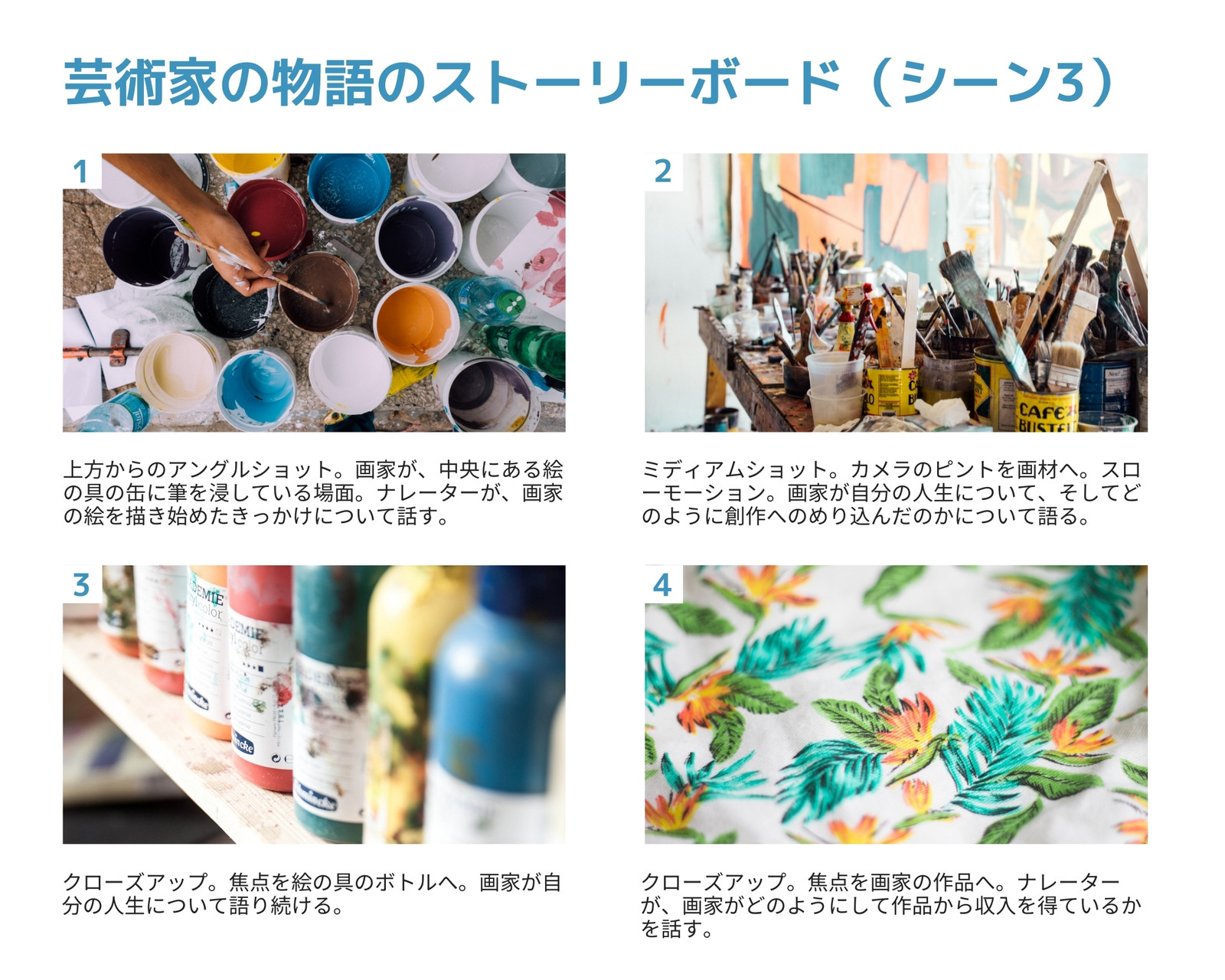 青 白 芸術家の 4コマ 絵コンテ・ストーリーボード 青 白 芸術家の 4コマ 絵コンテ・ストーリーボード