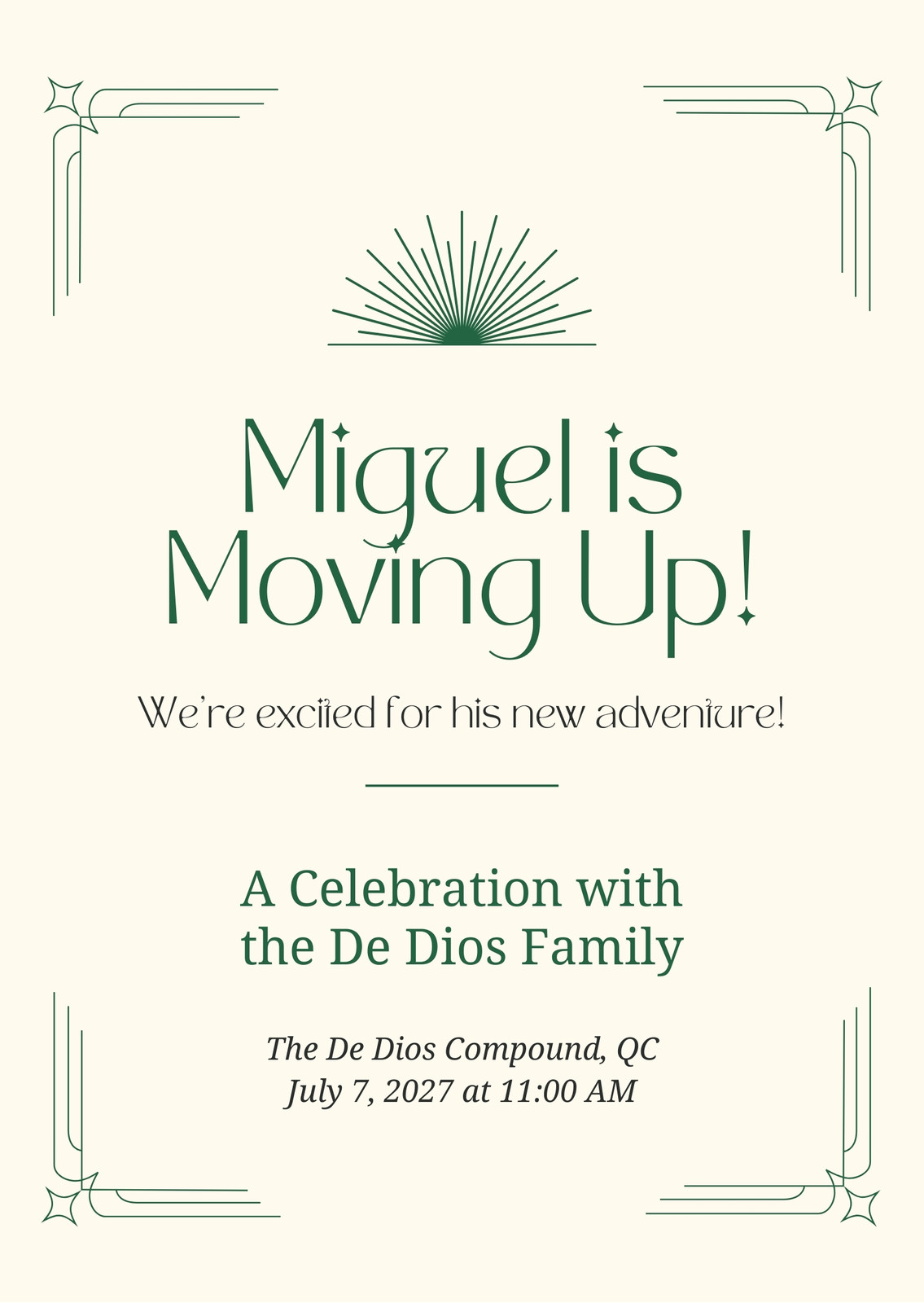 Life Milestones Moving Up Party Invitation in Ivory Dark Green Formal Style