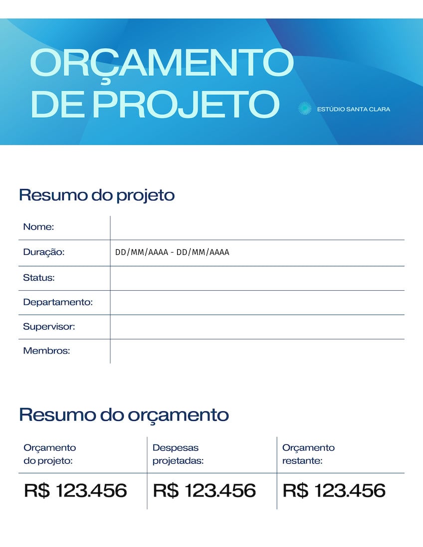 Doc de acompanhamento e orçamento de projeto estilo moderno com gradientes em azul e azul-escuro