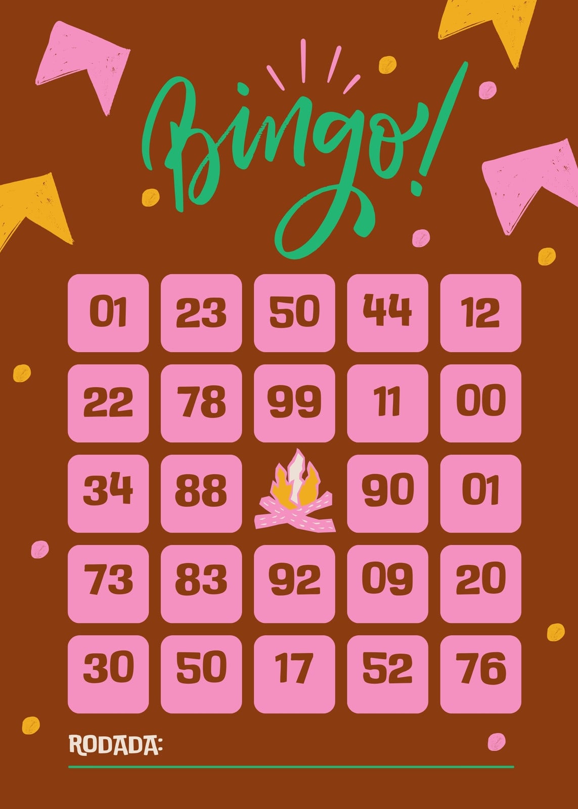 Cartela de bingo - São João - Lettering, delicada, marrom e rosa