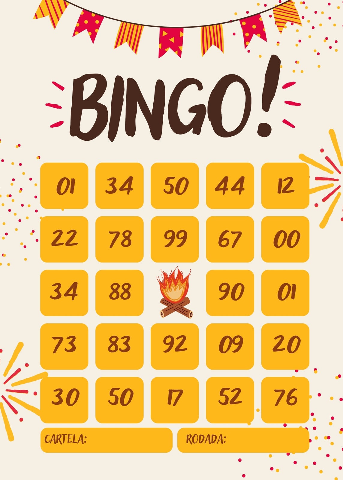 Cartela de bingo - Festa junina - Divertida, amarela e marrom