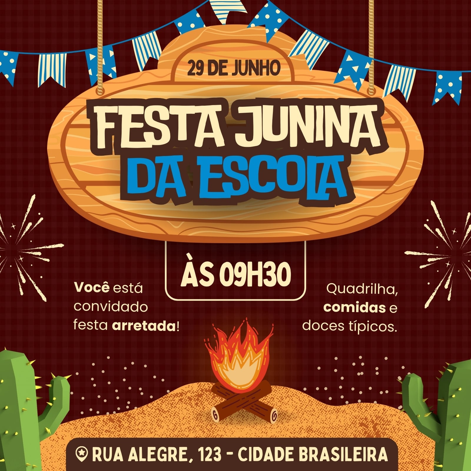 Convite Virtual festa junina escolar arraiá colorido xadrez