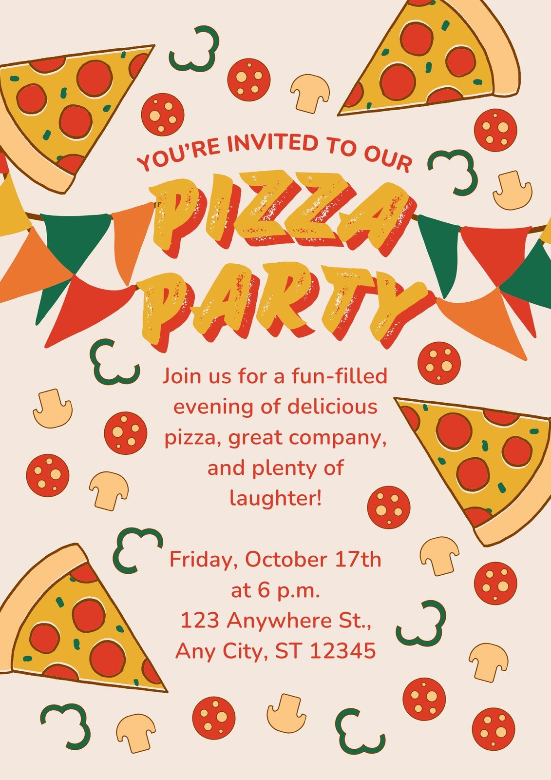 Red Yellow Green Creative Pizza Party Flyer