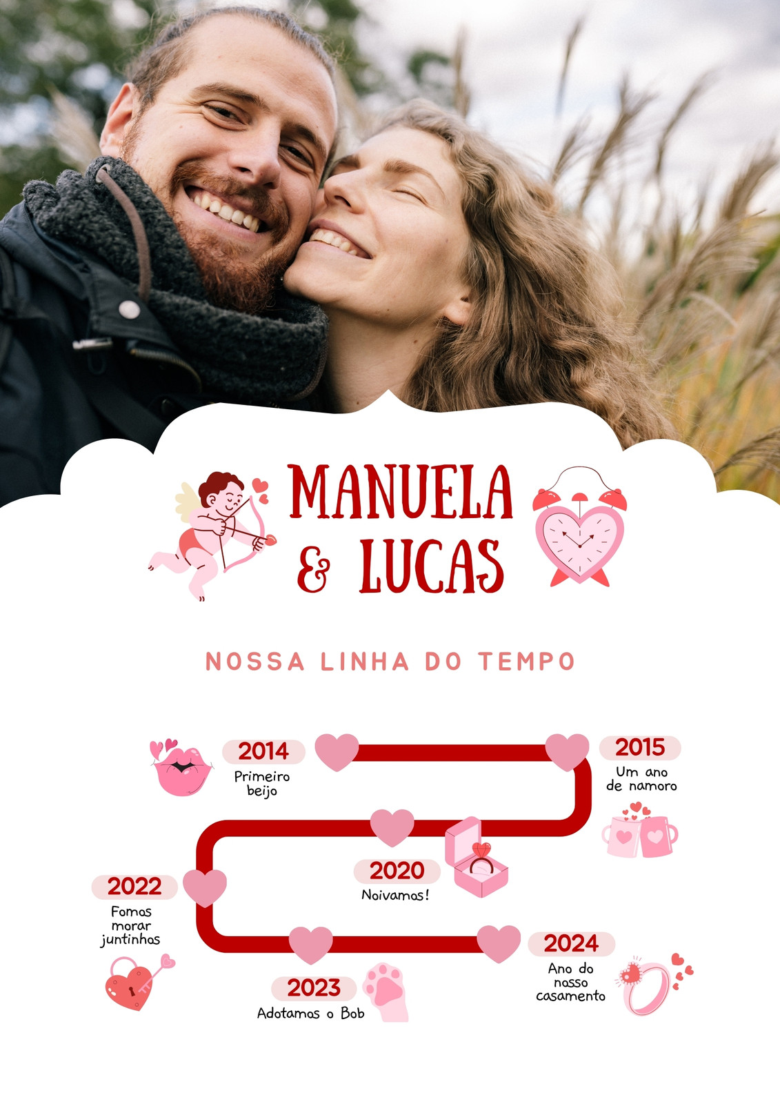 Cartaz linha do tempo namorados vermelho e rosa