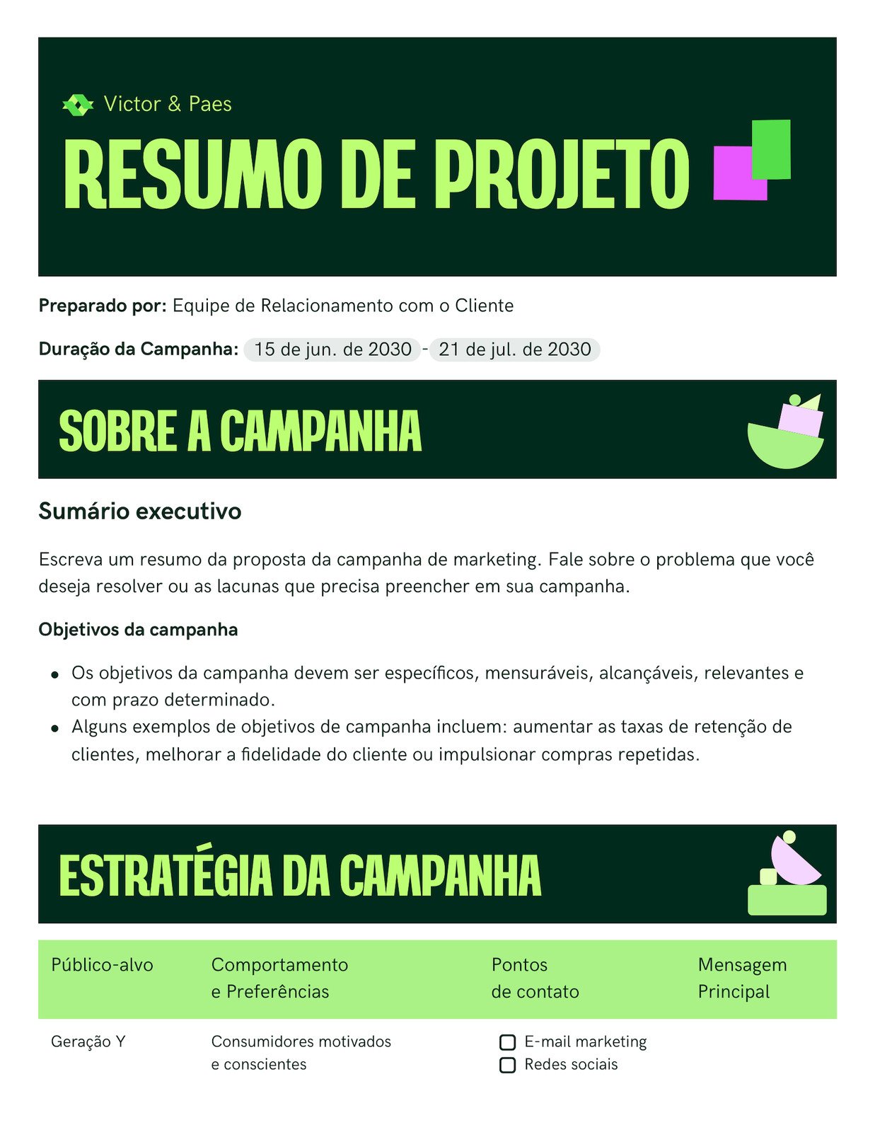 Doc de Proposta de Campanha de Marketing com minimalismo dinâmico ilustrativo vibrante em verde-escuro, verde-neon, amarelo e azul