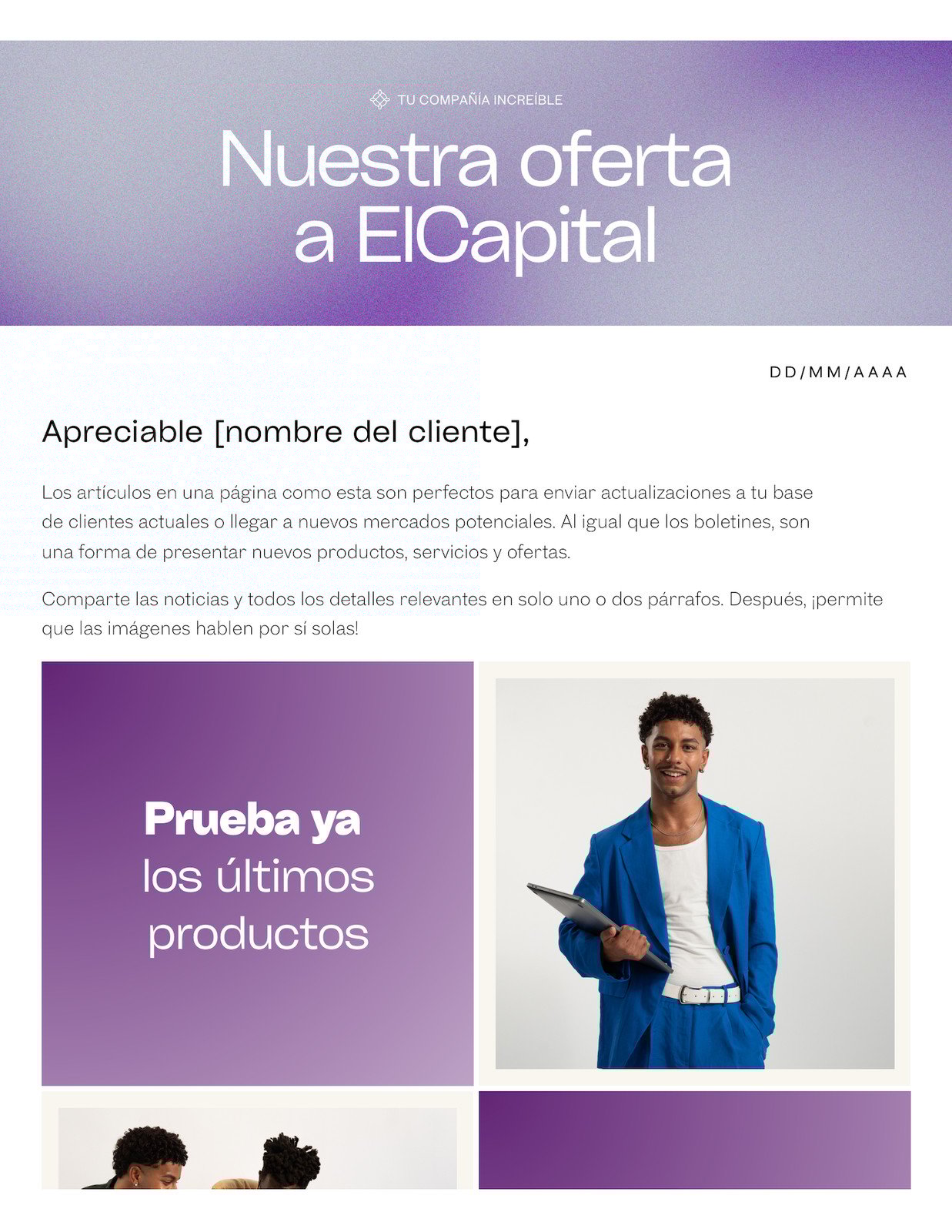 Doc profesional de una página de oferta empresarial estilo corporativo simple en morado blanco
