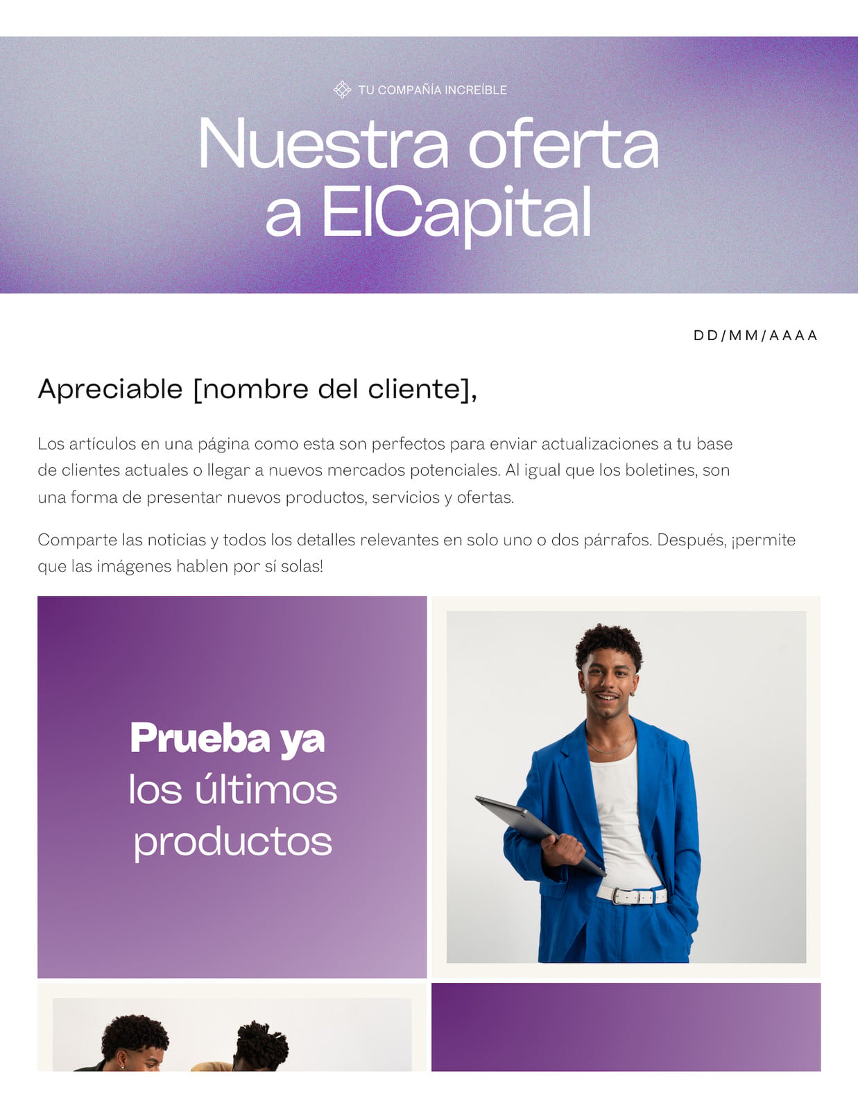Doc profesional de una página de oferta empresarial estilo corporativo simple en morado blanco Doc profesional de una página de oferta empresarial estilo corporativo simple en morado blanco