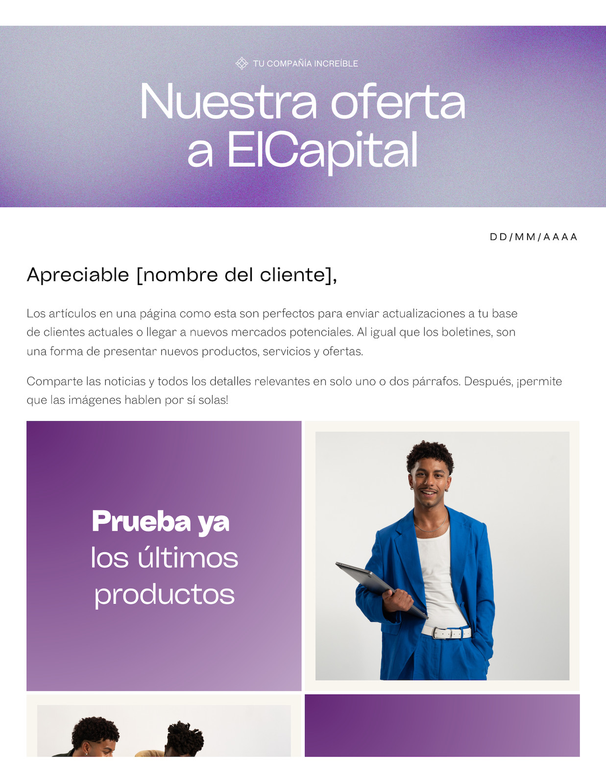 Doc profesional de una página de oferta empresarial estilo corporativo simple en morado blanco Doc profesional de una página de oferta empresarial estilo corporativo simple en morado blanco