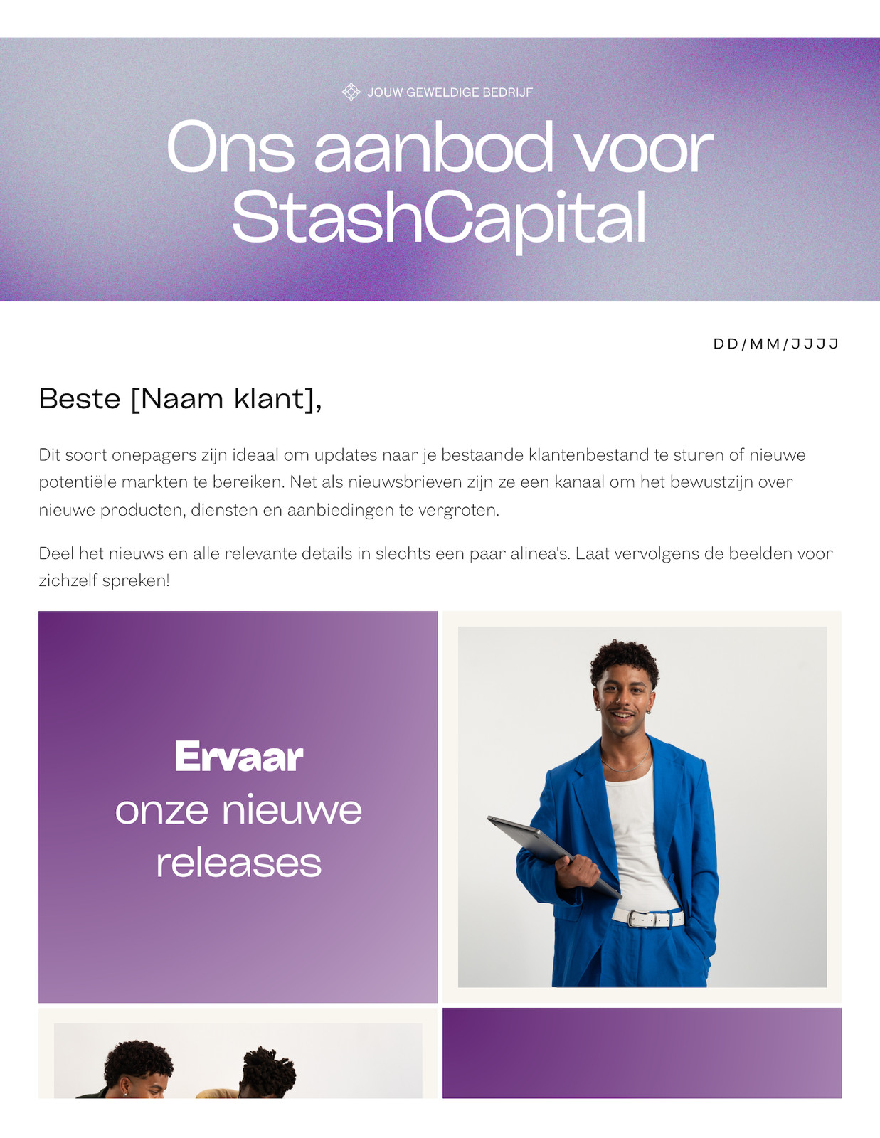 Paars Grijs en Wit Zakelijk Professioneel Onepager Doc