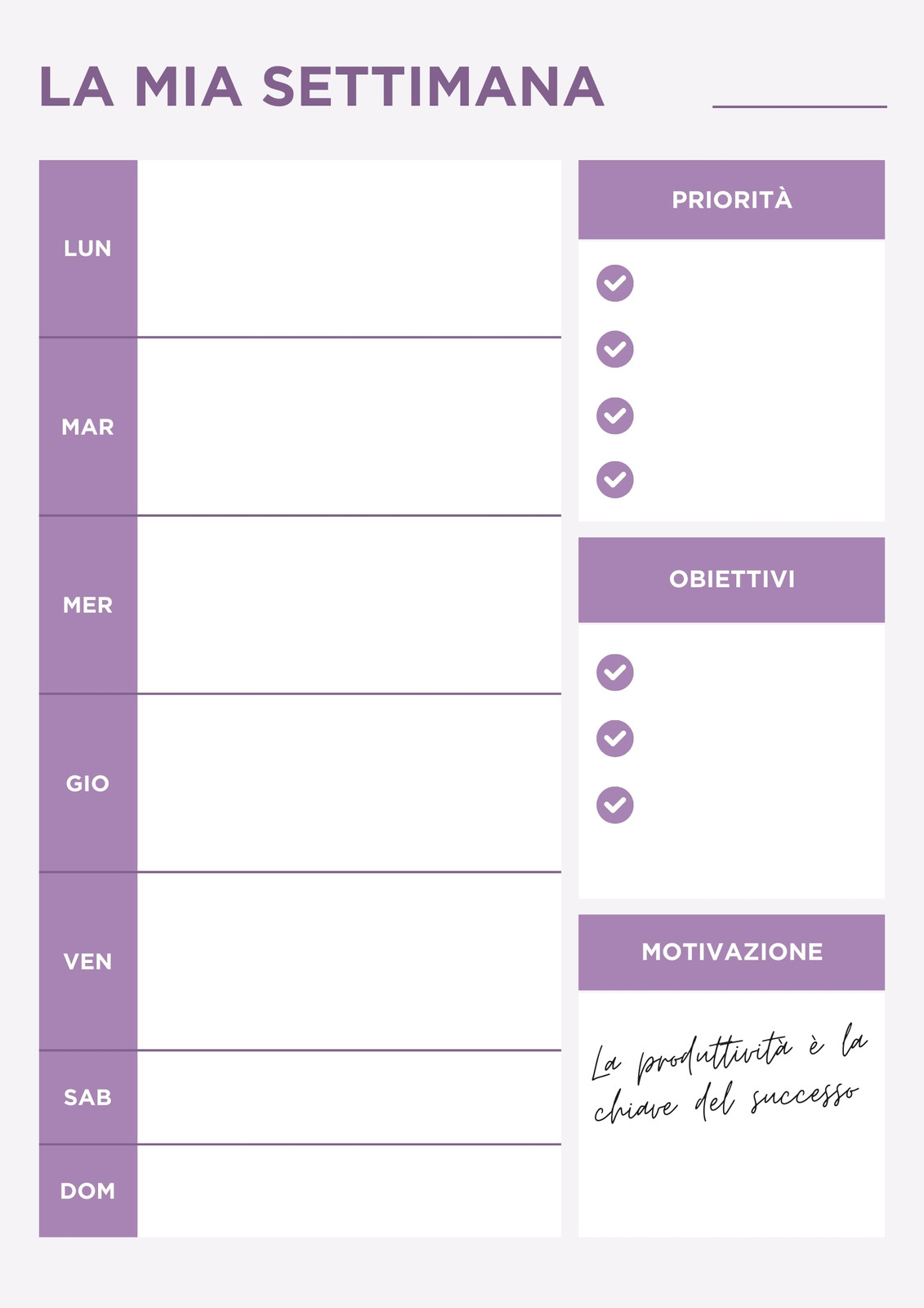 Lilla Bianco Minimalista Semplice Planner Settimanale