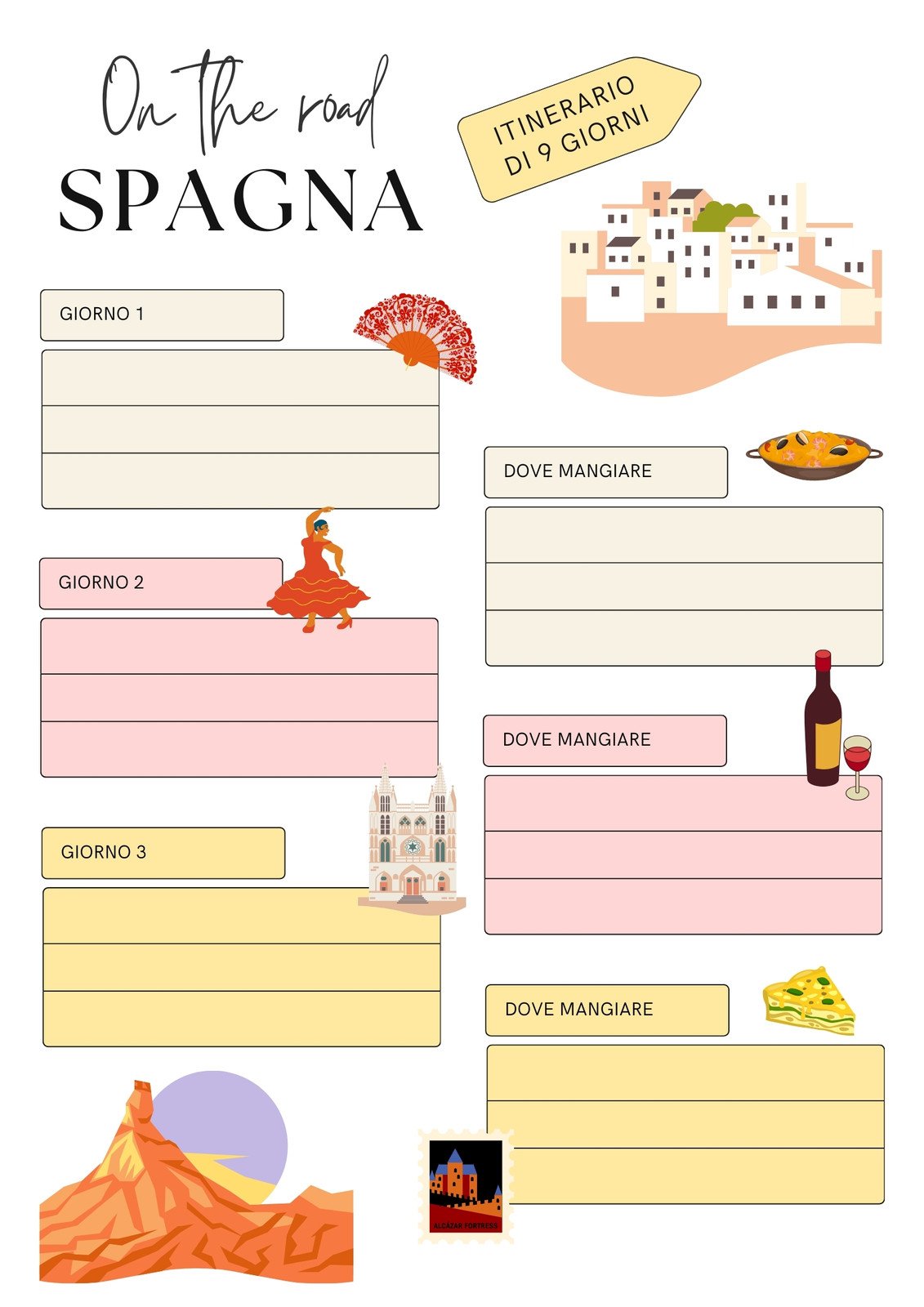 Planner di Viaggio Itinerario Spagna Illustrato Colorato
