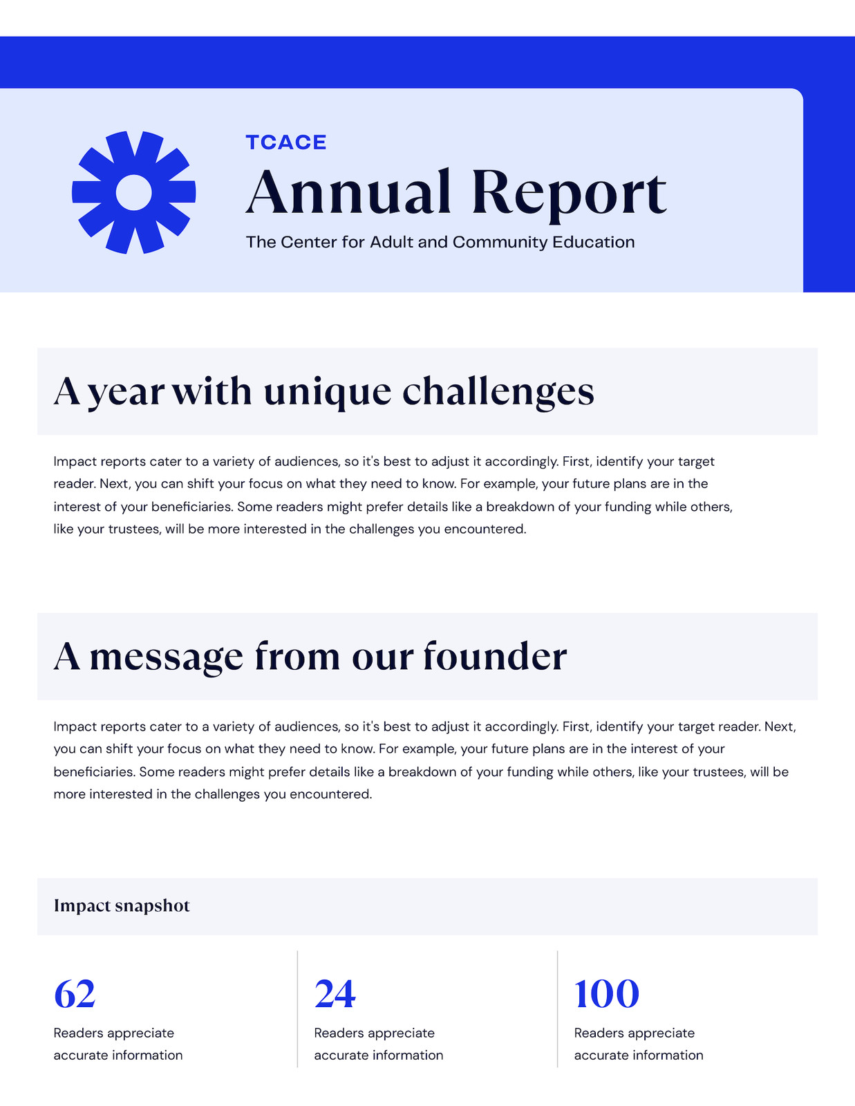 Charity Report in Light Blue Bright Blue Style