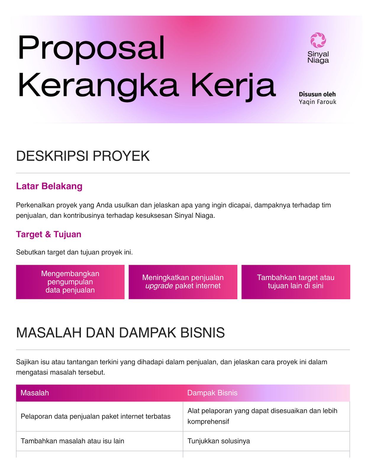 Technology & Networking Sales Project Proposal Doc Proposal Kerangka Kerja Penjualan Proyek Gaya Gradasi Minimalis Ungu Merah Muda