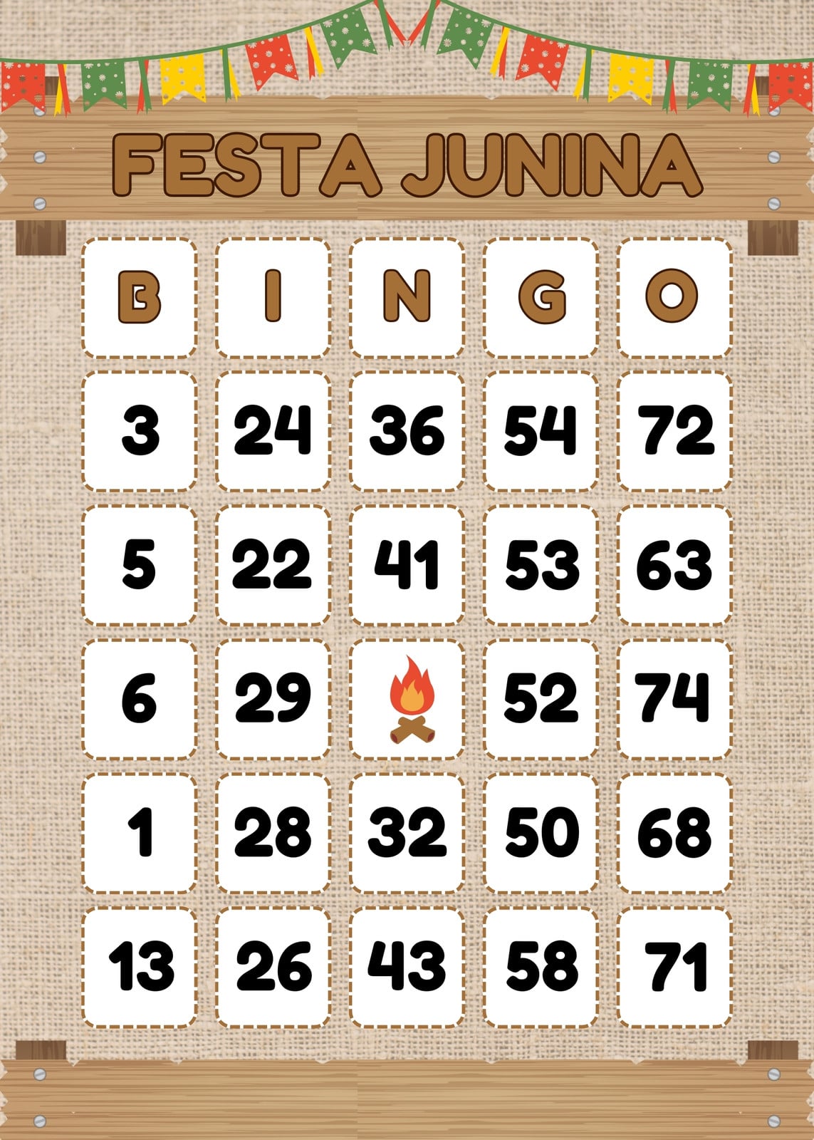 Cartela de bingo - Festa junina - Moderna, ilustrada, marrom e branca
