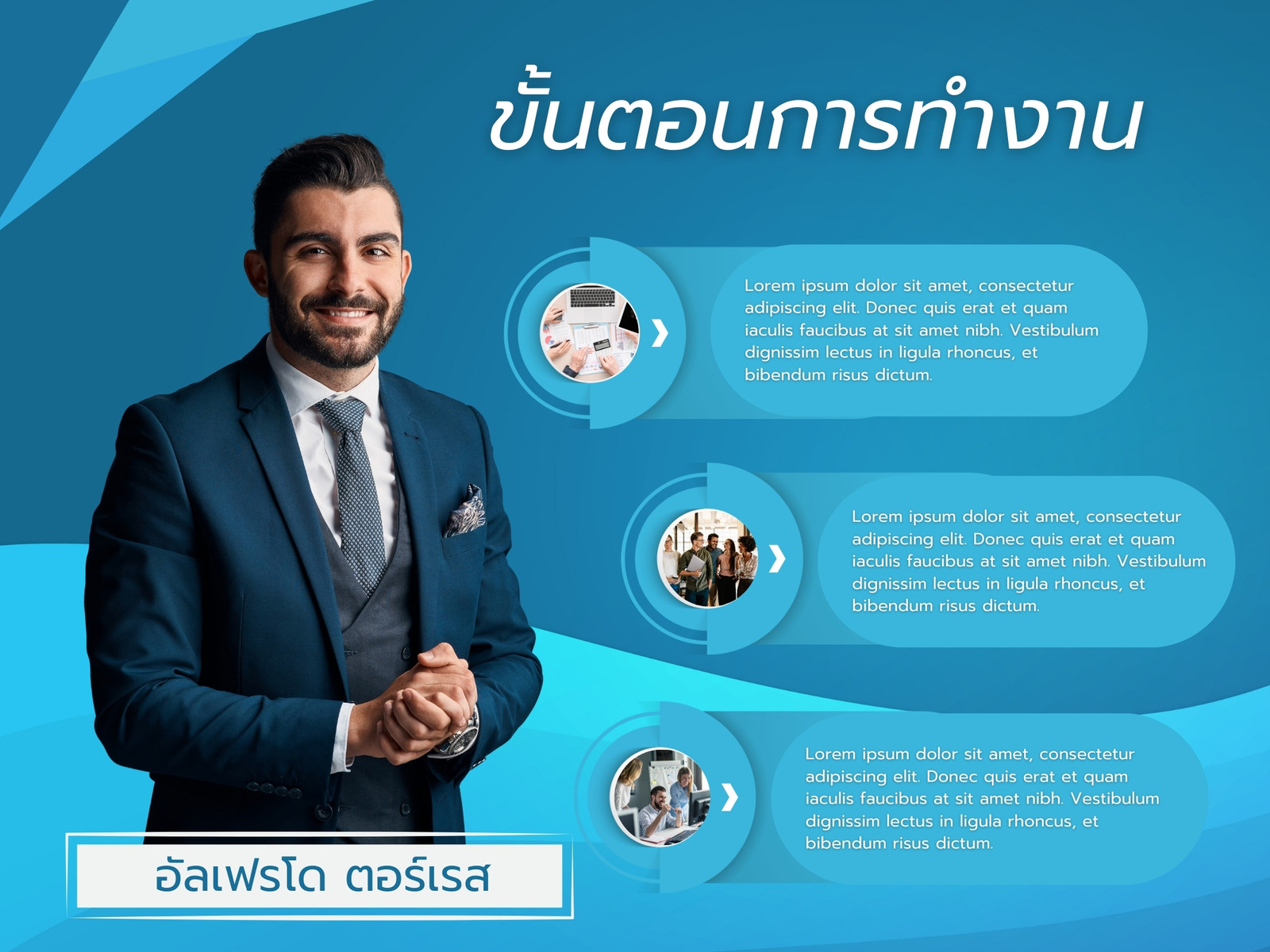 สีน้ำเงิน สีขาว เรียบง่าย ขั้นตอน การทำงาน Infographic Graph