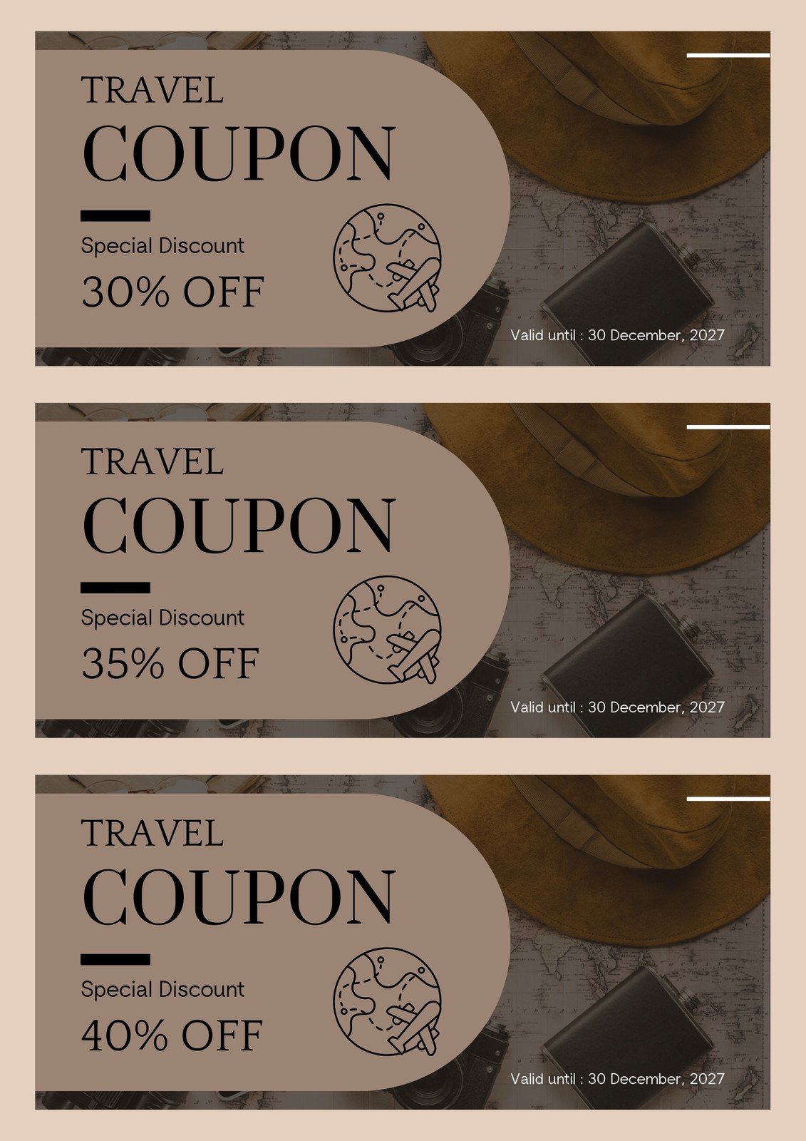 Beige and Black Simple Travel Coupon