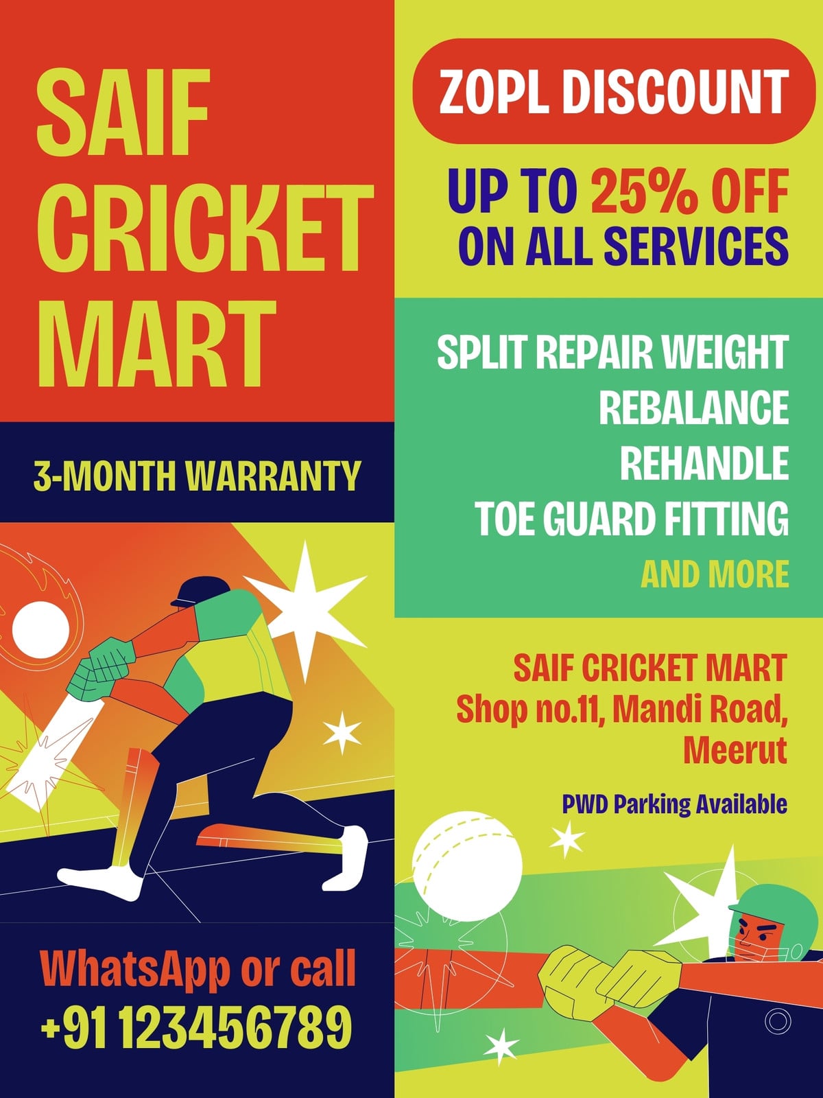 Neon Green Orange Blue Cricket Store Offer Poster in Spectacular Shapes Bold Style Neon Green Orange Blue Cricket Store Offer Poster in Spectacular Shapes Bold Style