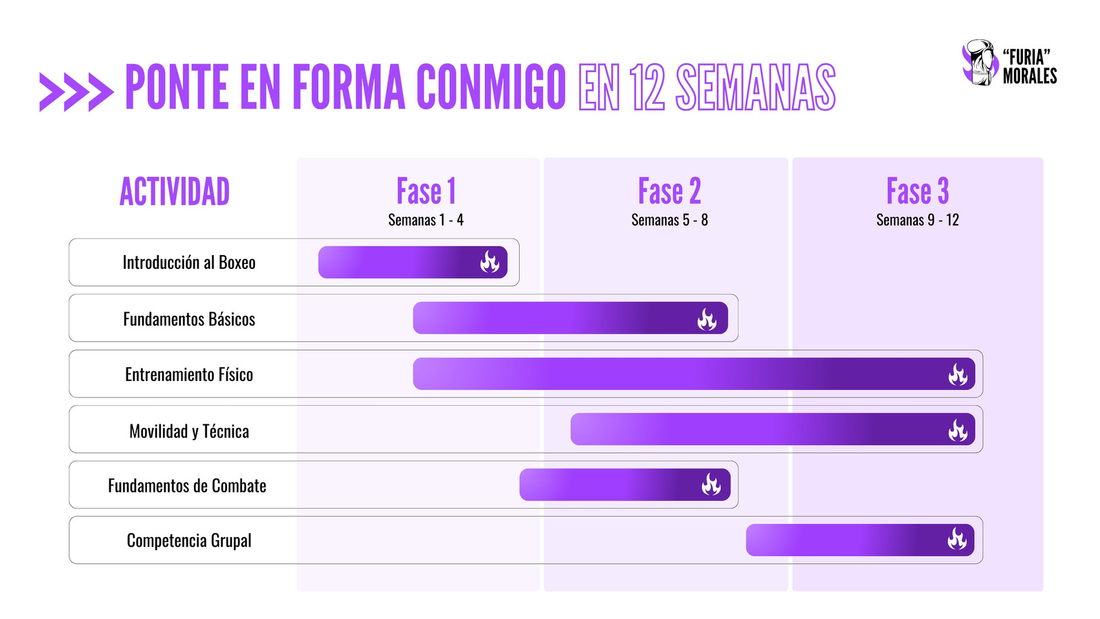 Gráfico de Gantt para profesora de box femenino moderno en morado, negro y blanco 