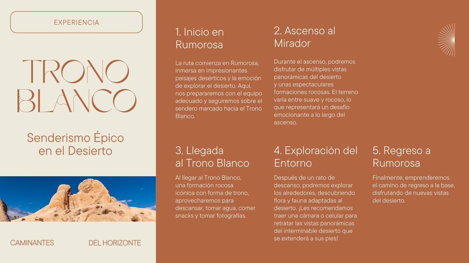 Diagrama de Flujo para equipo de senderismo desértico innovador en terracota con beige
