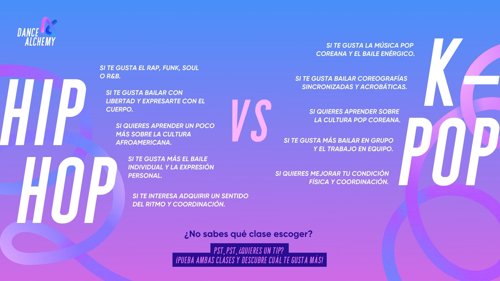 Gráfico comparativo para academia de baile degradado rosa con azul y morado