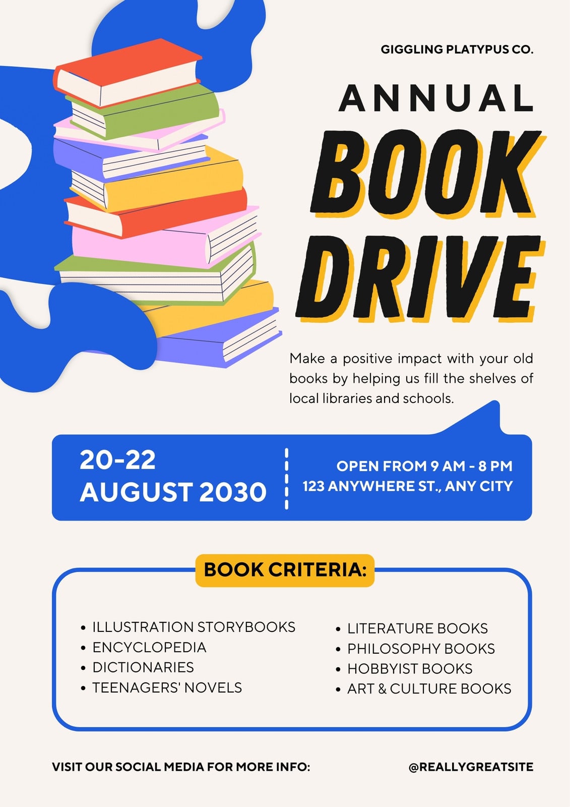 Blue Yellow Bold Illustrative Book Drive Event Poster