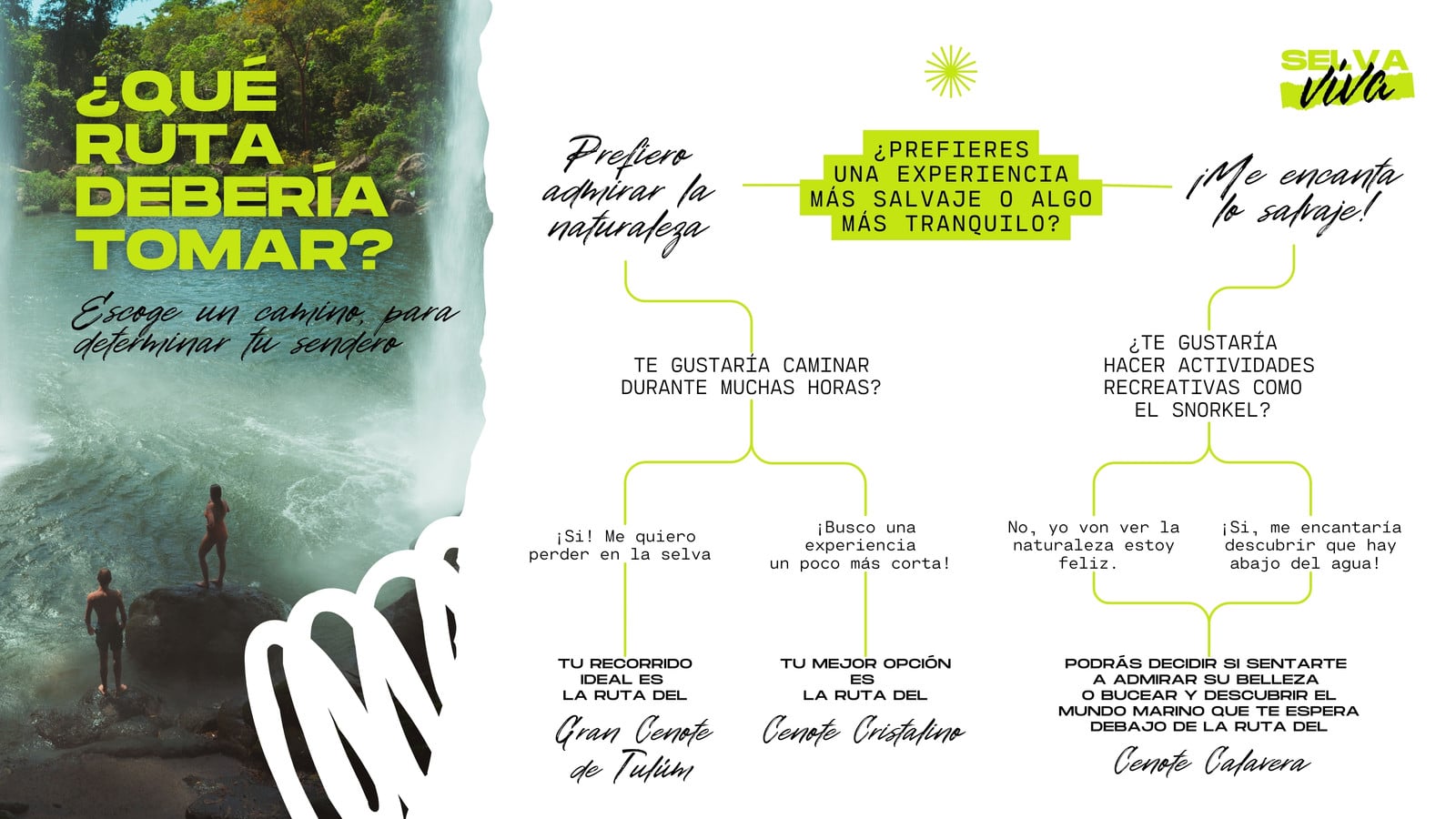 Árbol de decisión para agencia de senderísmo selvático en verde limón con negro y blanco