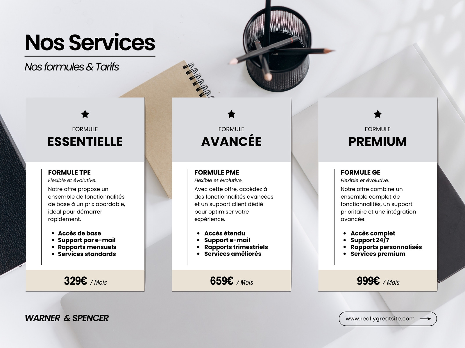 Document Comparatif Services Formules et Tarifs Professionnel Simple Moderne Gris Blanc Beige