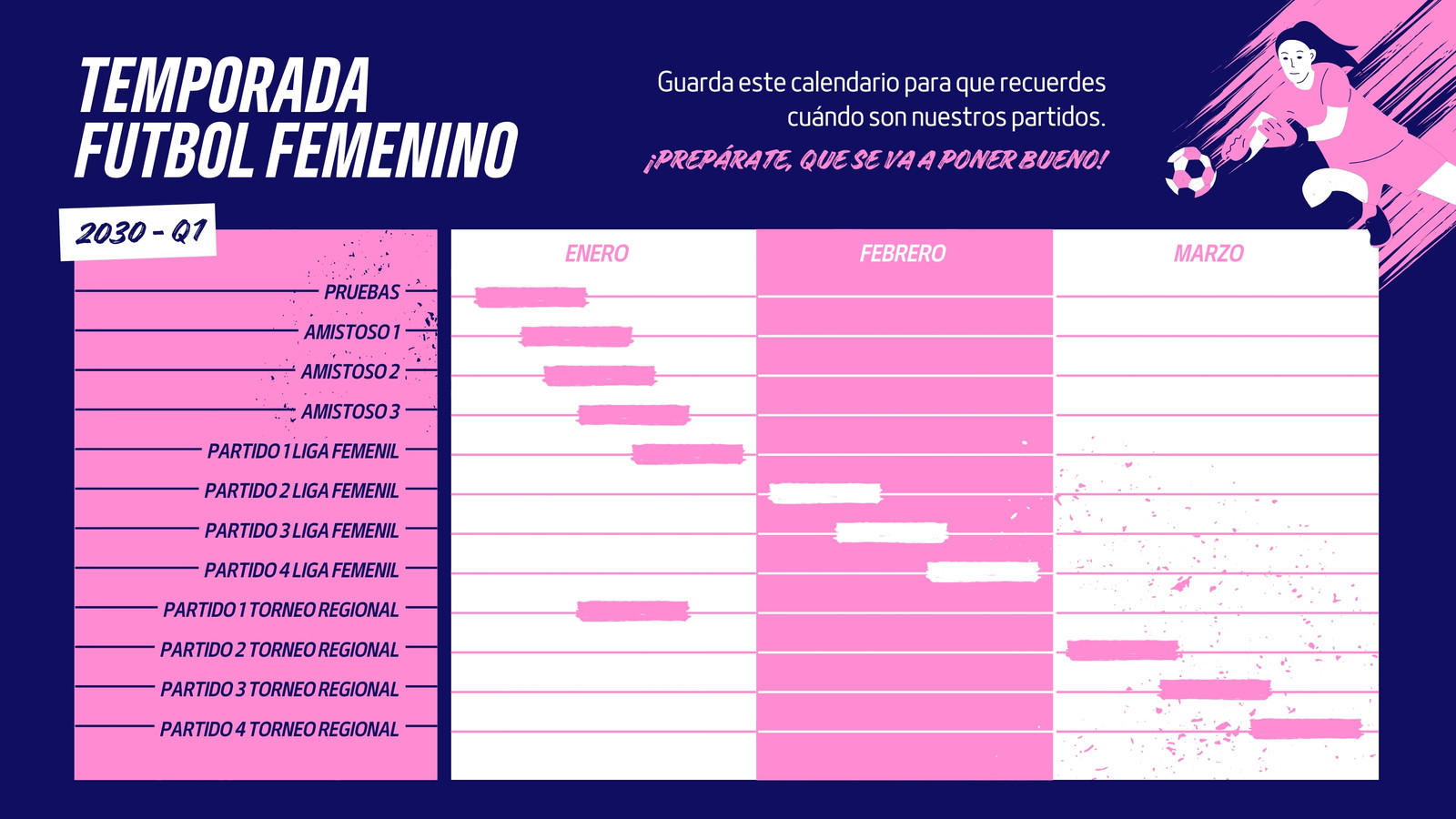 Gráfico de Gantt para entrenadora de futbol femenil suave en rosa chicle con azul oscuro y blanco