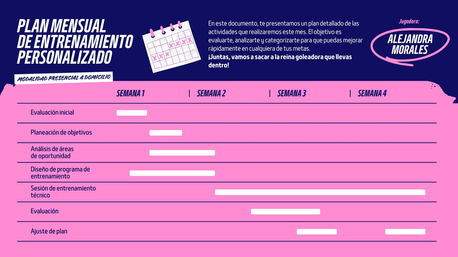 Gráfico de Gantt para entrenadora de futbol femenil suave en rosa chicle con azul oscuro y blanco