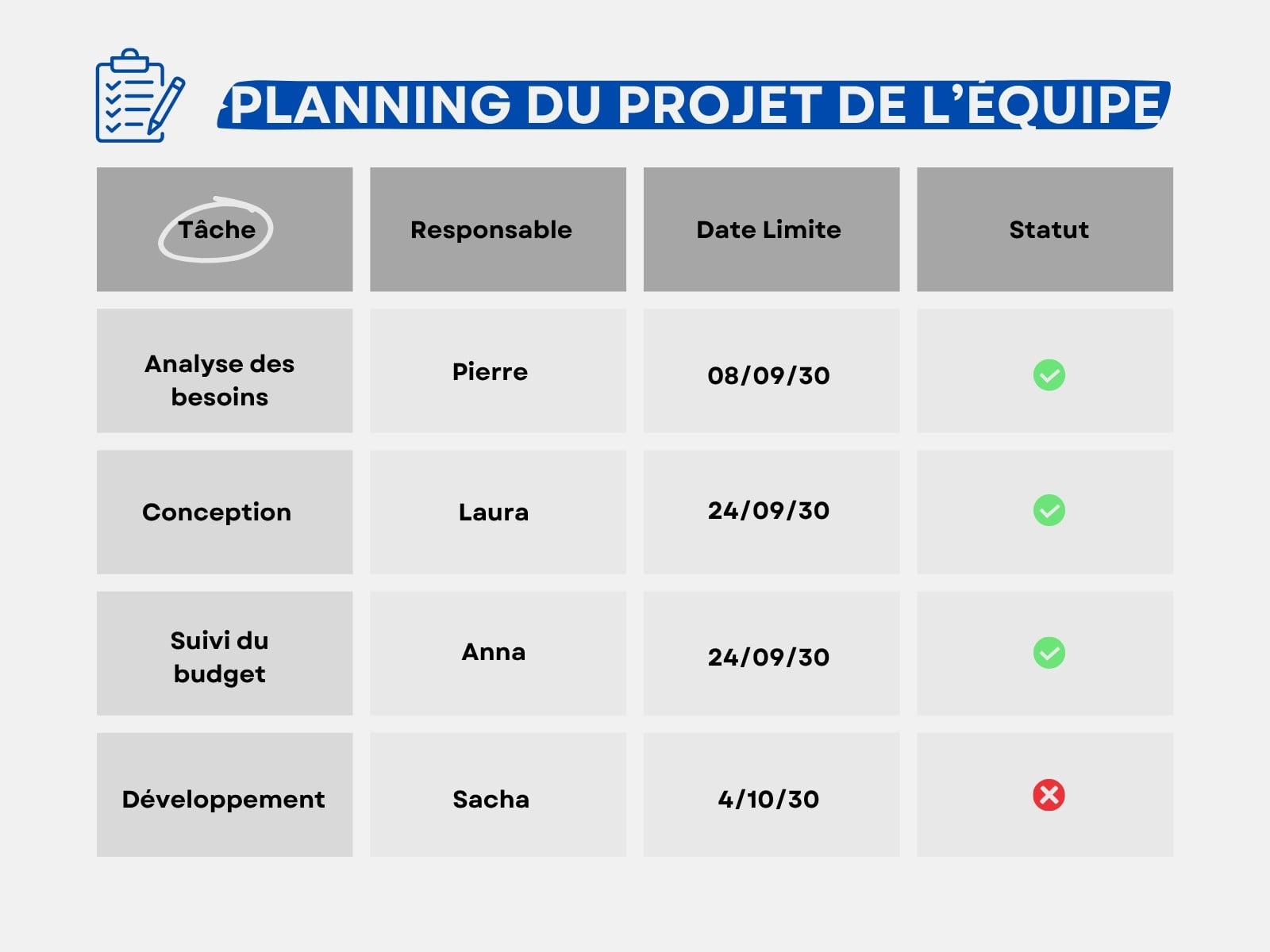 Tableau de suivi Planning Projet Entreprise Icône Simple Bleu Gris
