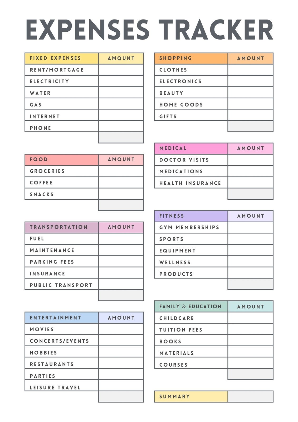 Colorful Clean Rainbow Spending Expenses Tracker Finance Planner