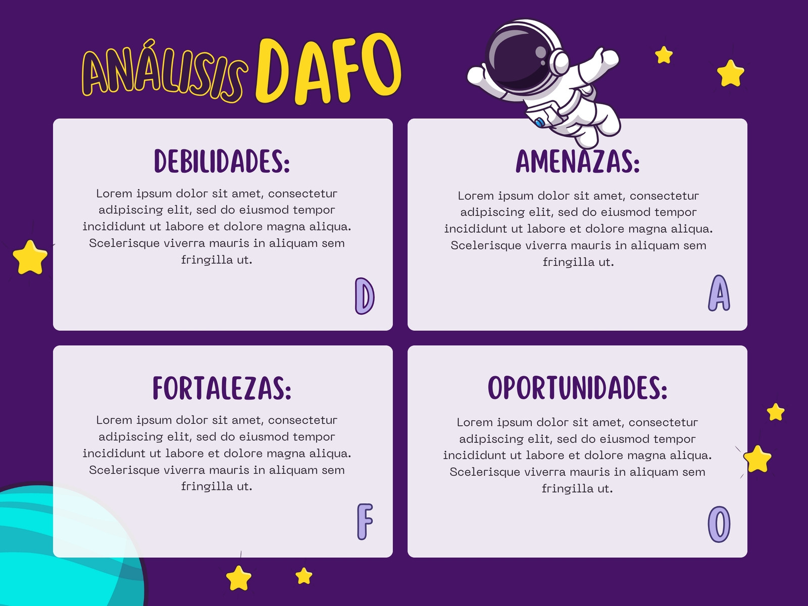 Gráfico Análisis DAFO Bloques Estrellas Espacial Galáctico Ilustrado Violeta Amarillo