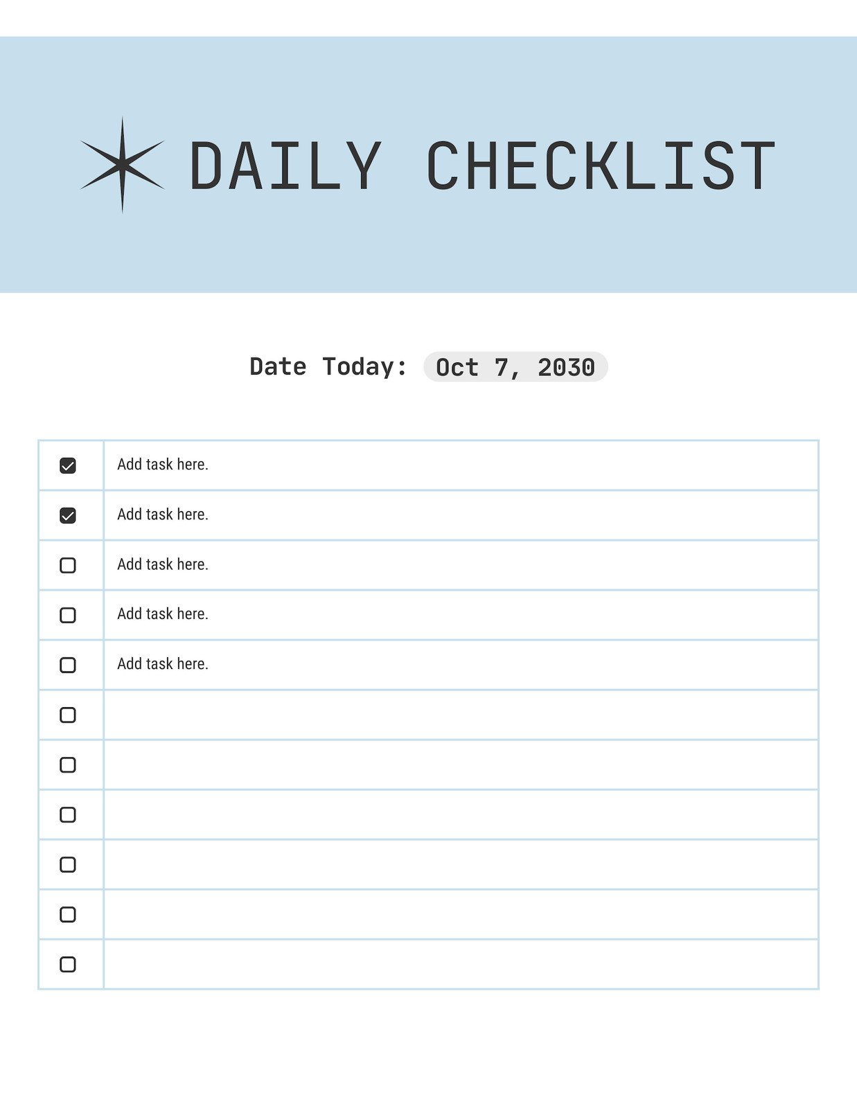 Daily Checklist Doc in Pastel Blue White Simple Typographic Style