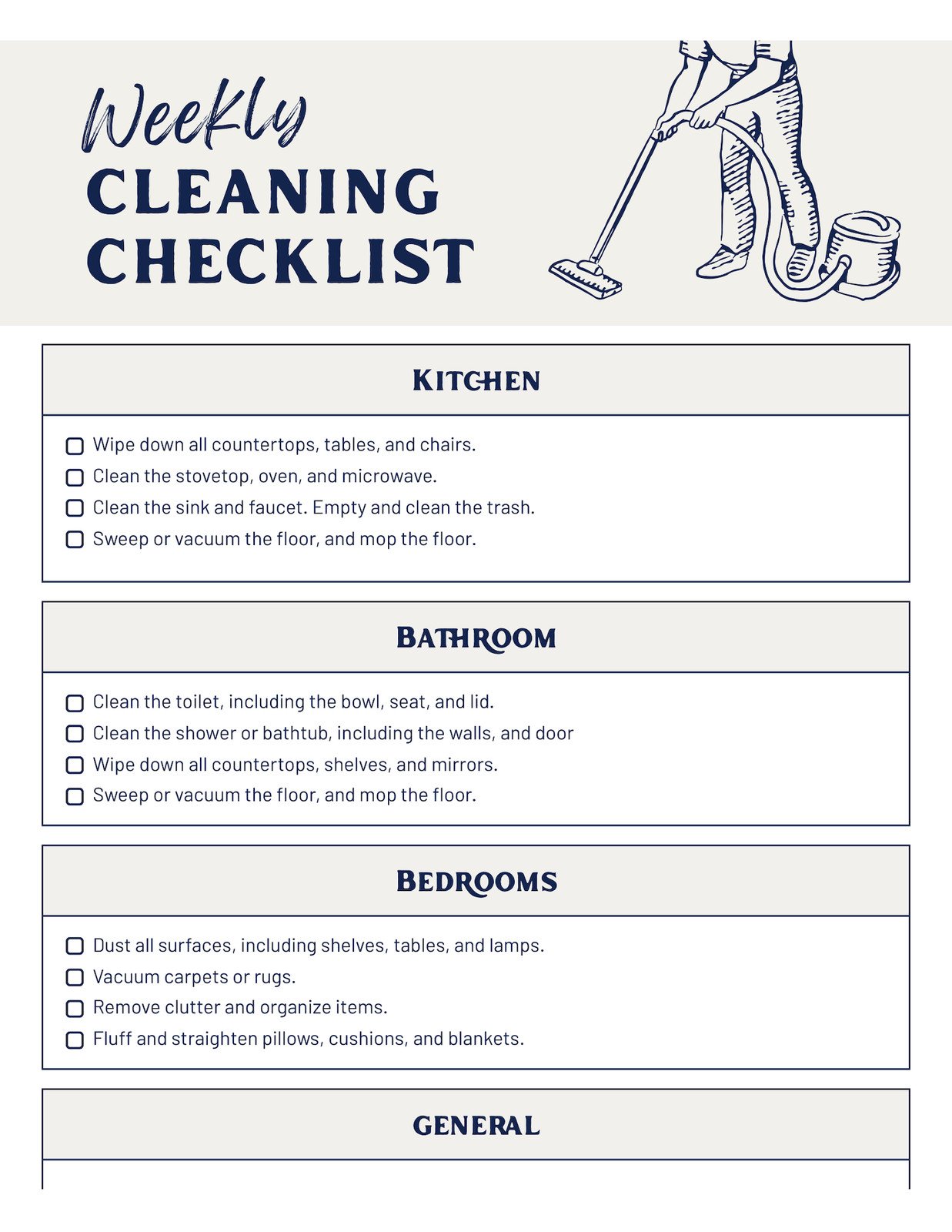 Cleaning Checklist Doc in Grey Navy Rustic Illustrated Style